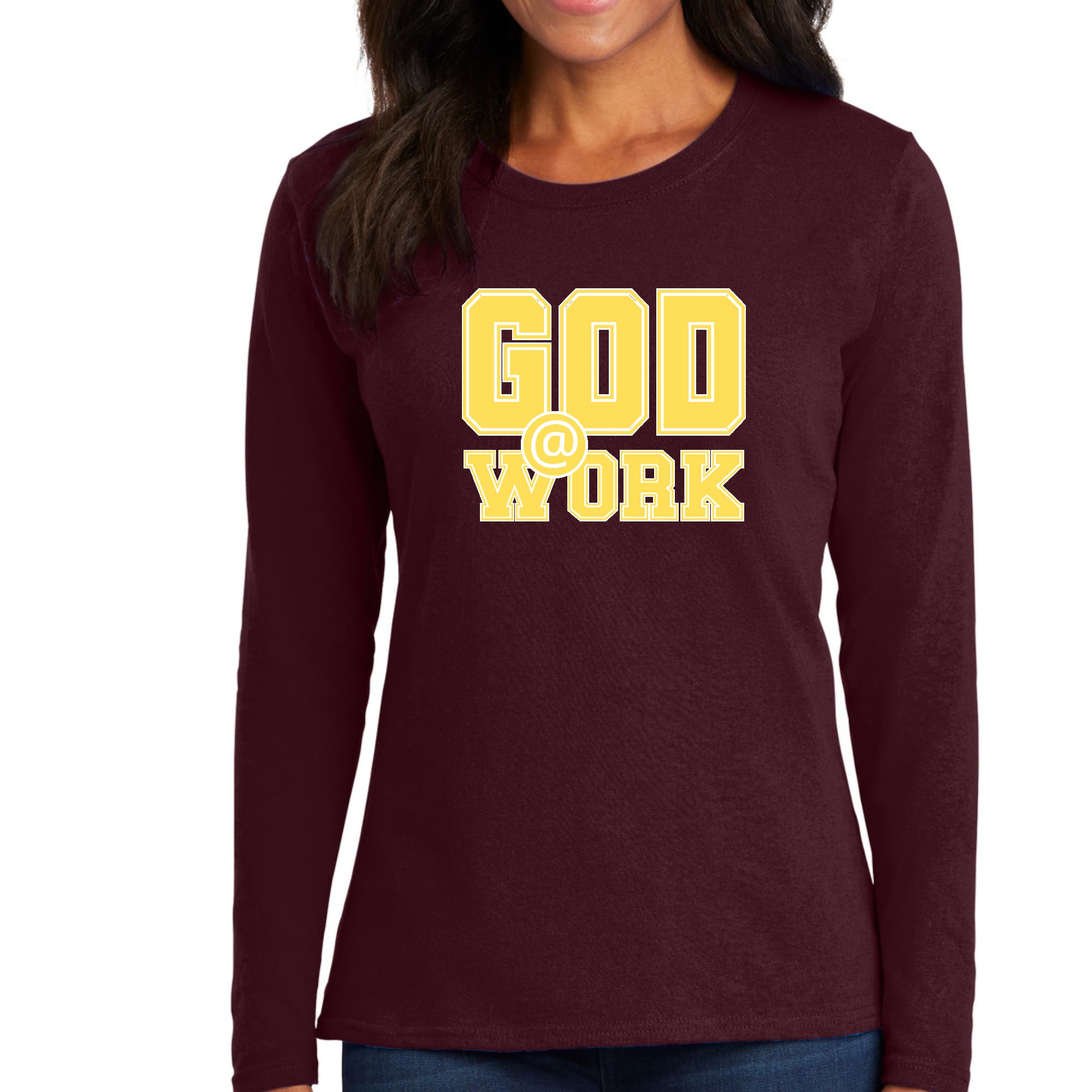 Womens Long Sleeve Graphic T-shirt in yellow and white with God @ Work print, showcasing a stylish and comfortable design.