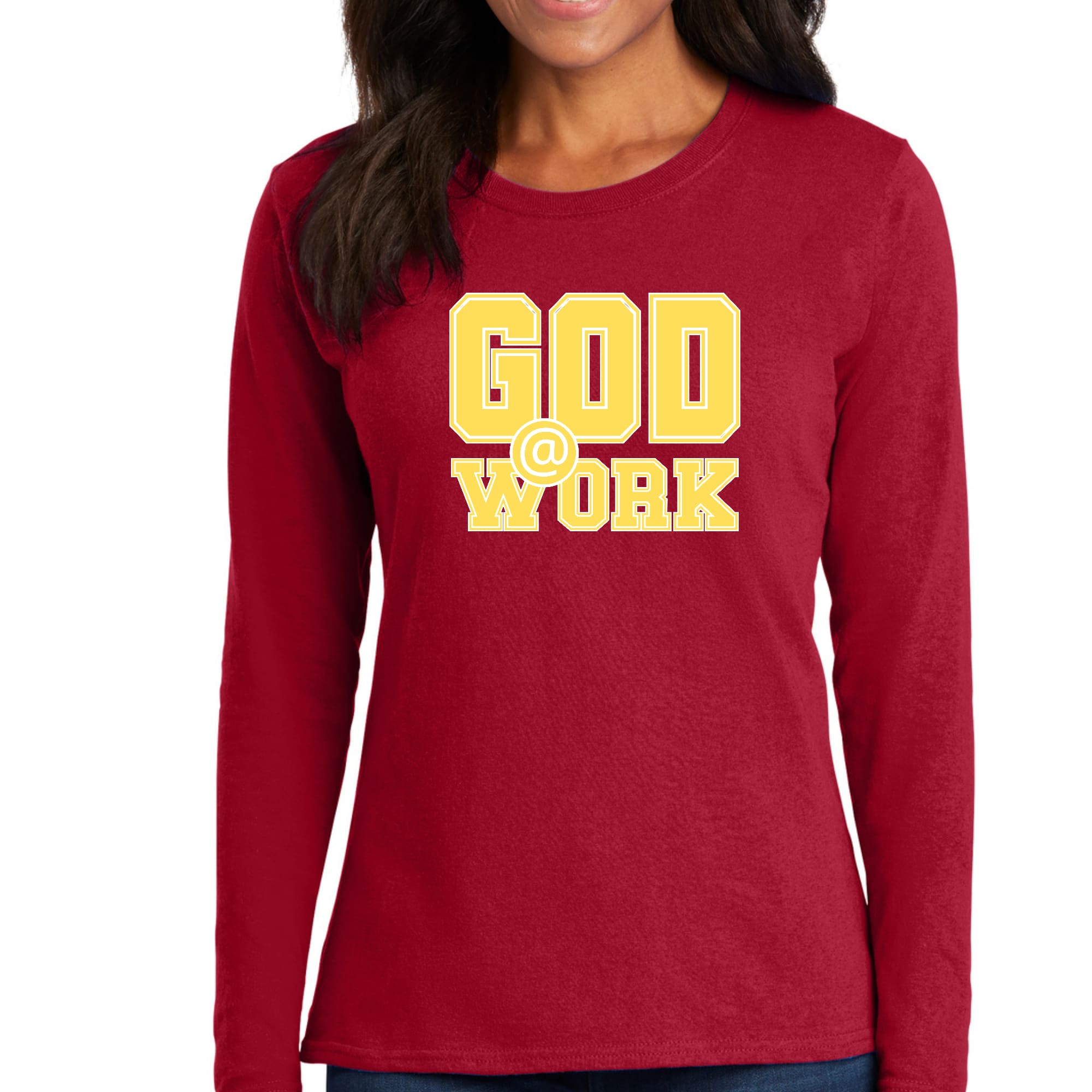 Womens Long Sleeve Graphic T-shirt in yellow and white with God @ Work print, showcasing a stylish and comfortable design.