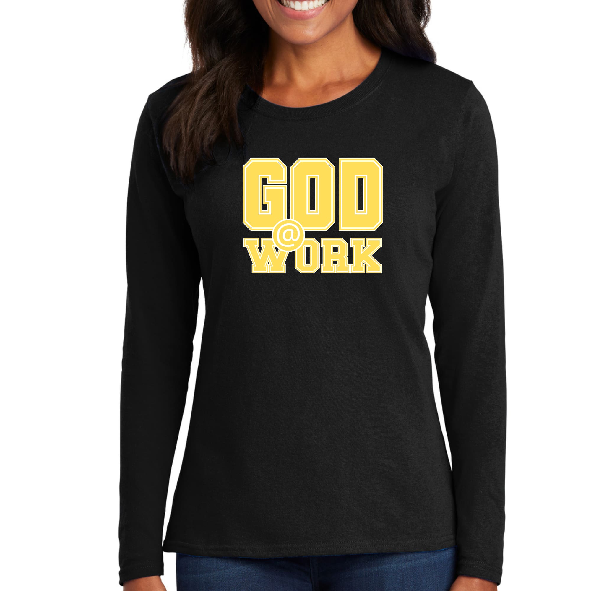 Womens Long Sleeve Graphic T-shirt in yellow and white with God @ Work print, showcasing a stylish and comfortable design.