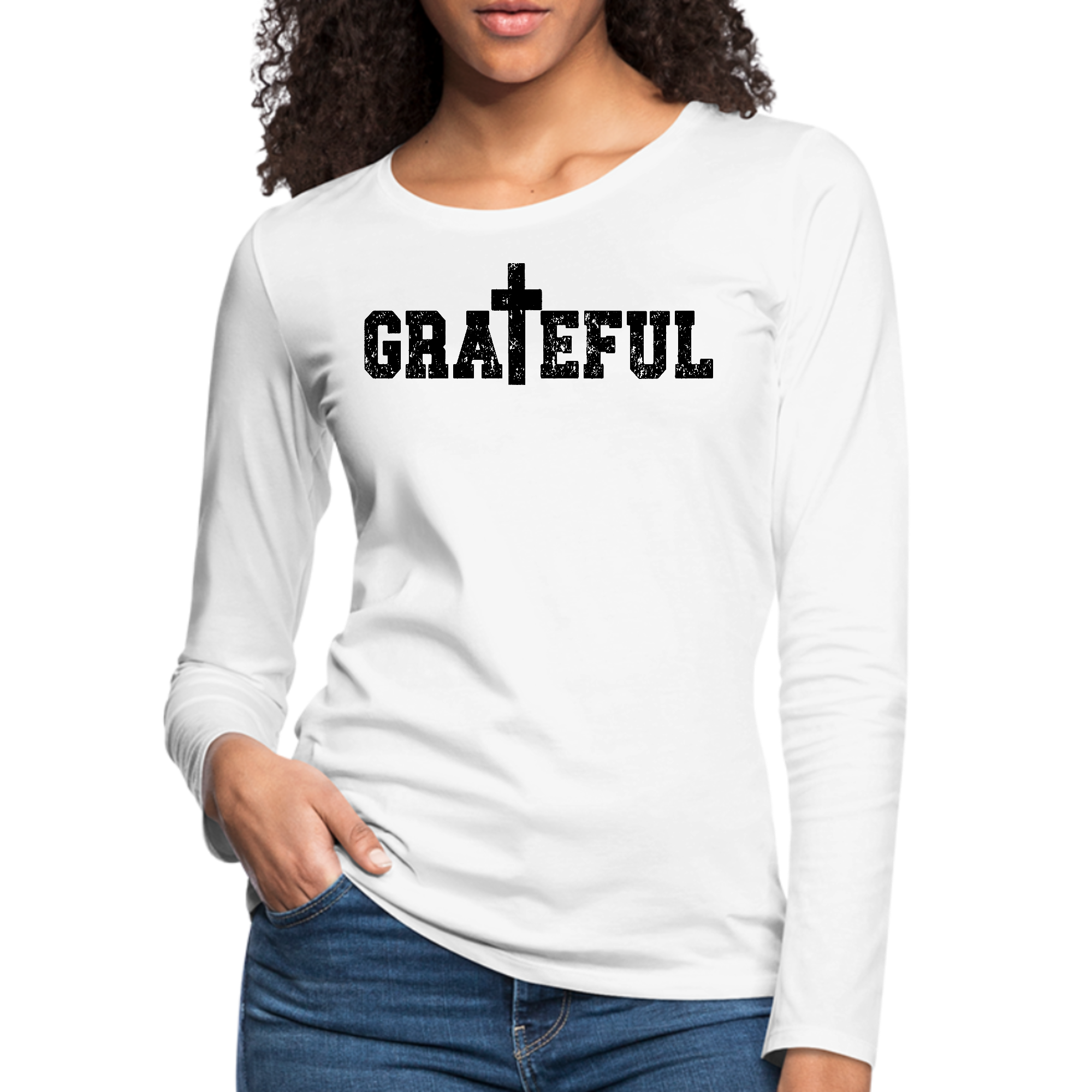 Women's long sleeve graphic t-shirt featuring a Grateful print, showcasing soft cotton fabric and stylish design.