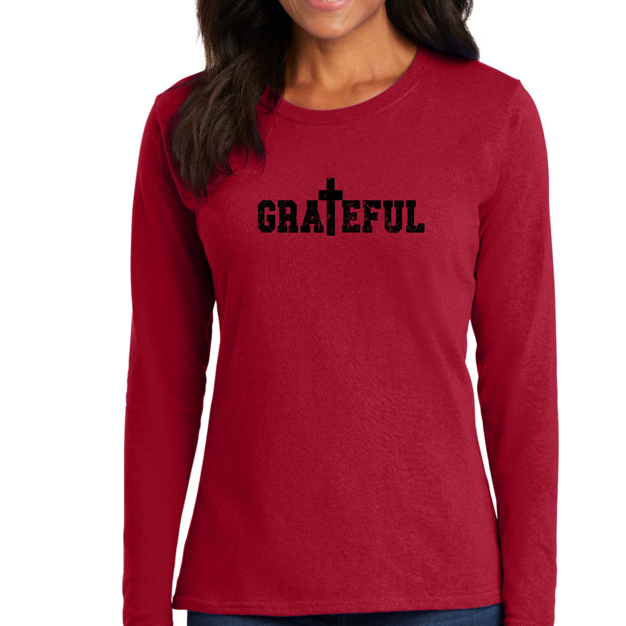 Women's long sleeve graphic t-shirt featuring a Grateful print, showcasing soft cotton fabric and stylish design.