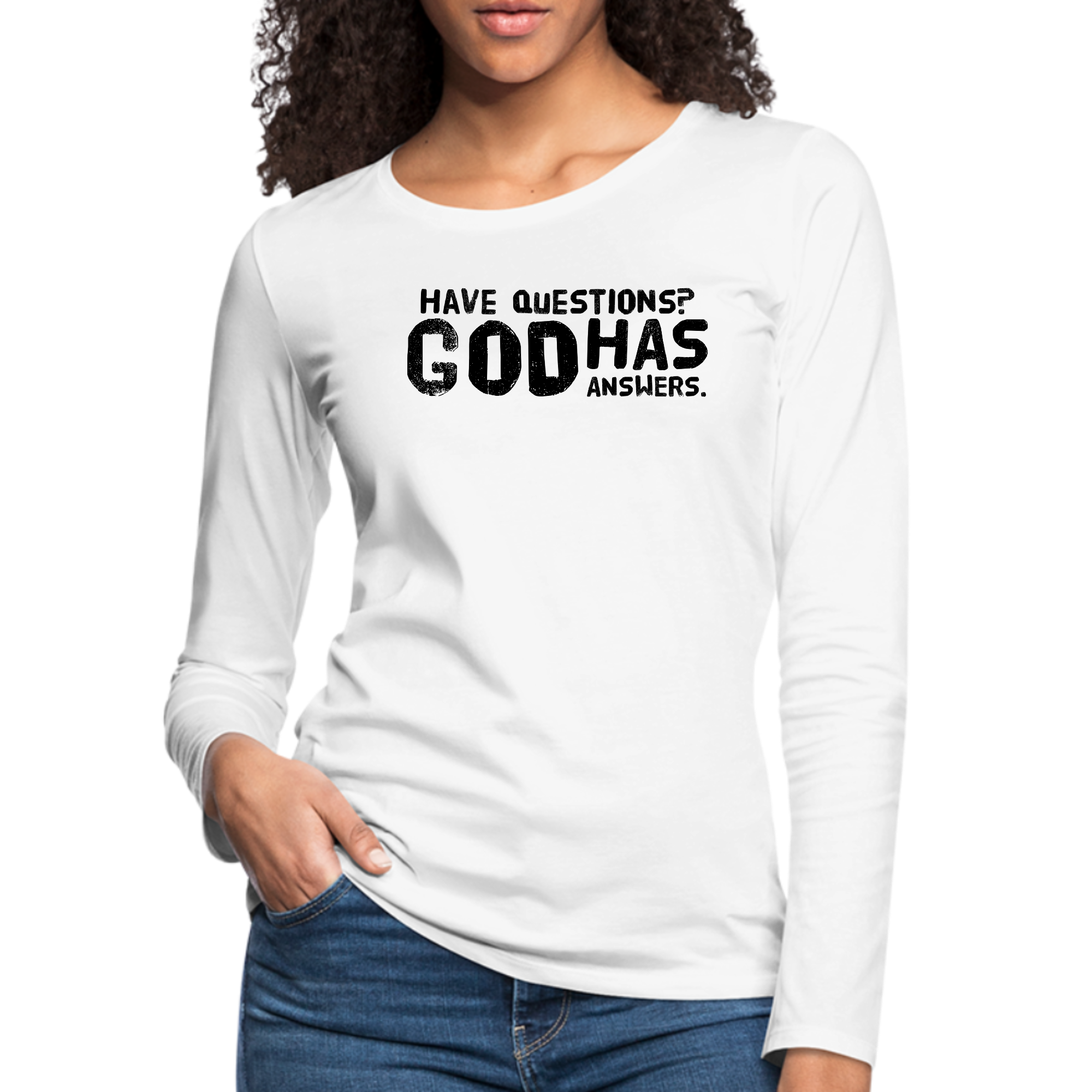 Women's Long Sleeve Graphic T-shirt in black with 'Have Questions God has Answers' print, showcasing a comfortable fit and stylish design.