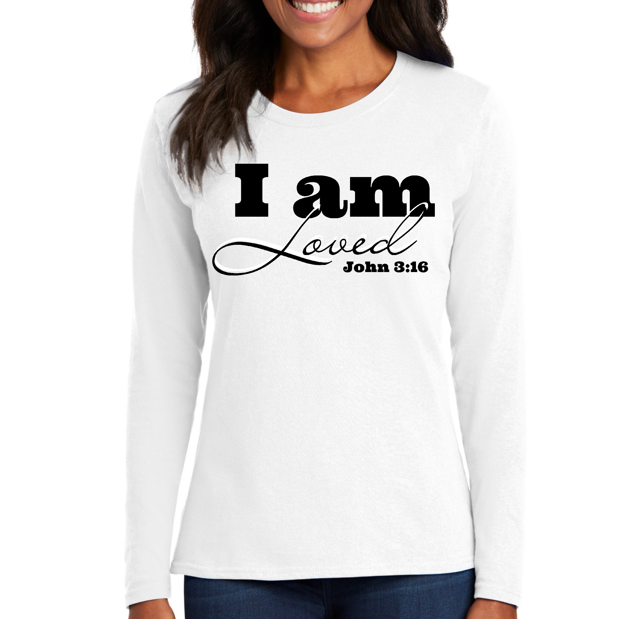 Womens Long Sleeve Graphic T-shirt in black featuring 'I Am Loved' John 3:16 scripture verse, made from soft preshrunk cotton.