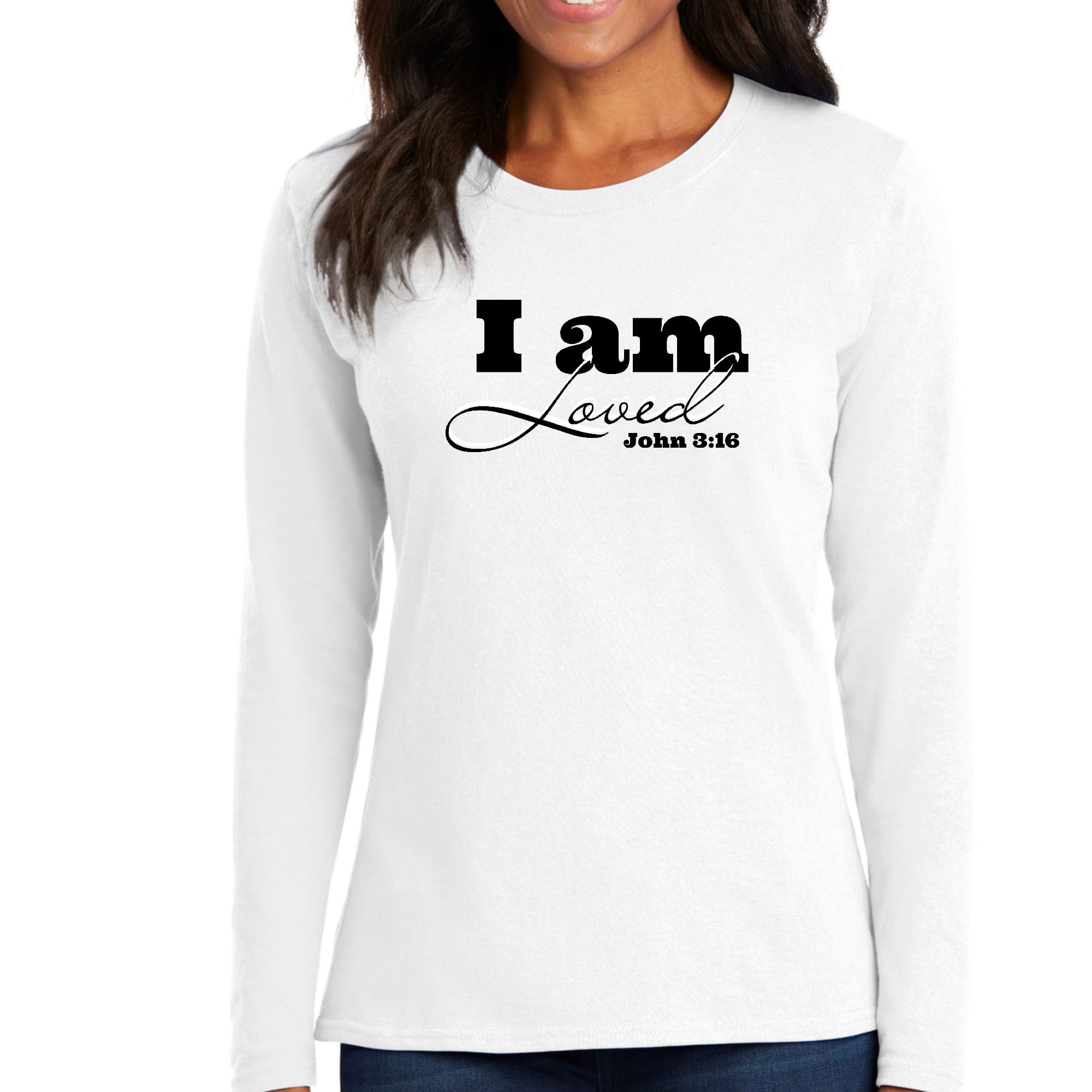 Womens Long Sleeve Graphic T-shirt in black featuring 'I Am Loved' John 3:16 scripture verse, made from soft preshrunk cotton.