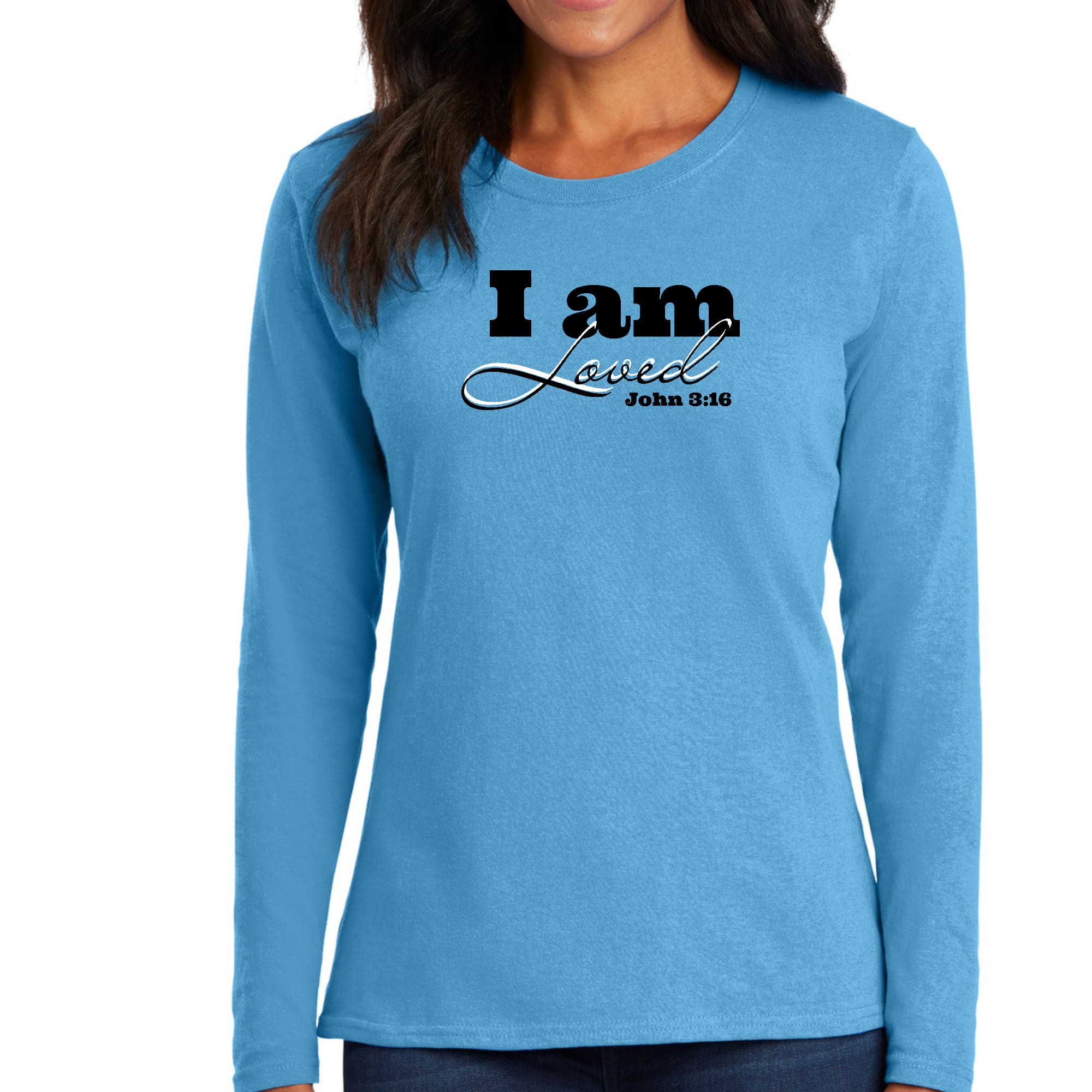 Womens Long Sleeve Graphic T-shirt in black featuring 'I Am Loved' John 3:16 scripture verse, made from soft preshrunk cotton.