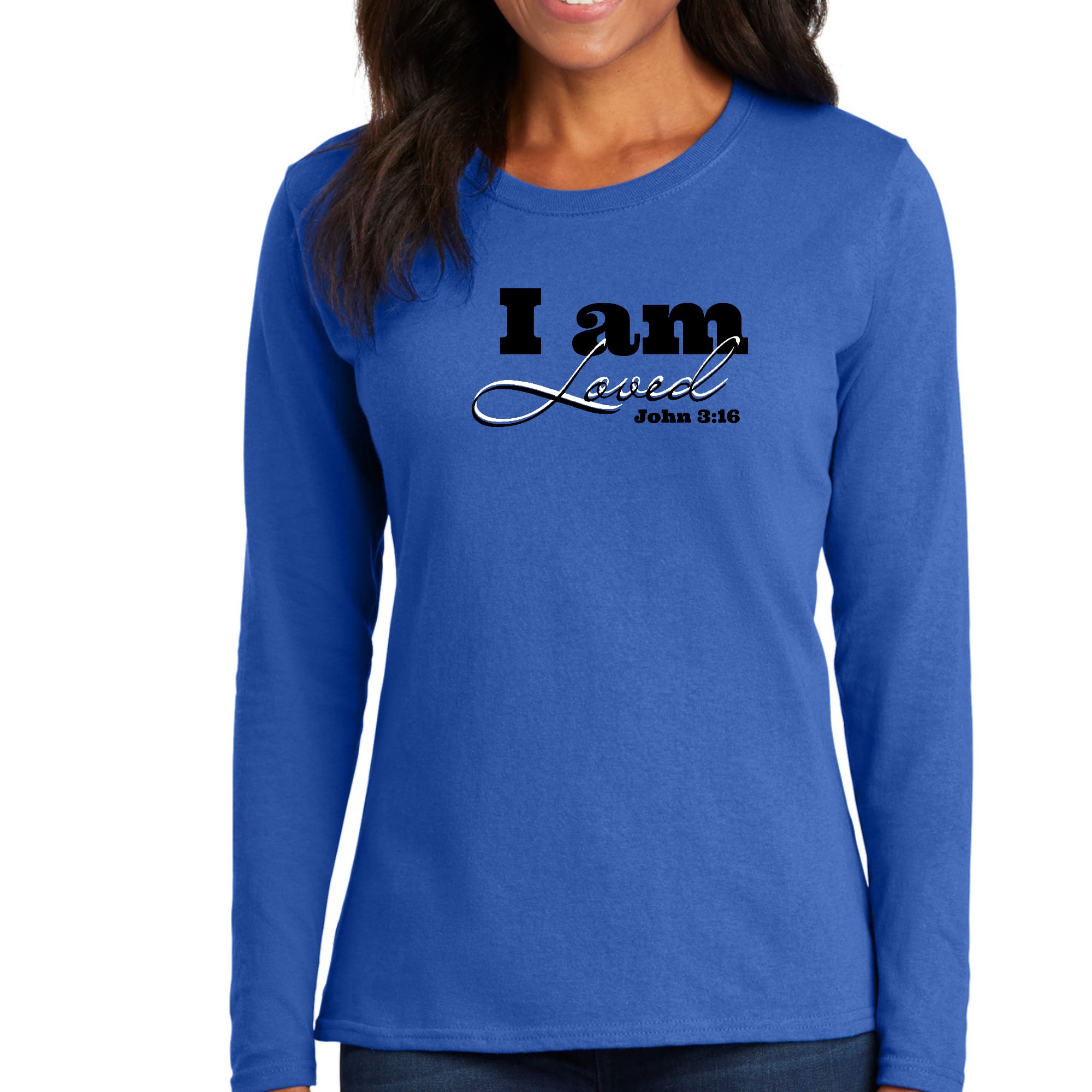 Womens Long Sleeve Graphic T-shirt in black featuring 'I Am Loved' John 3:16 scripture verse, made from soft preshrunk cotton.