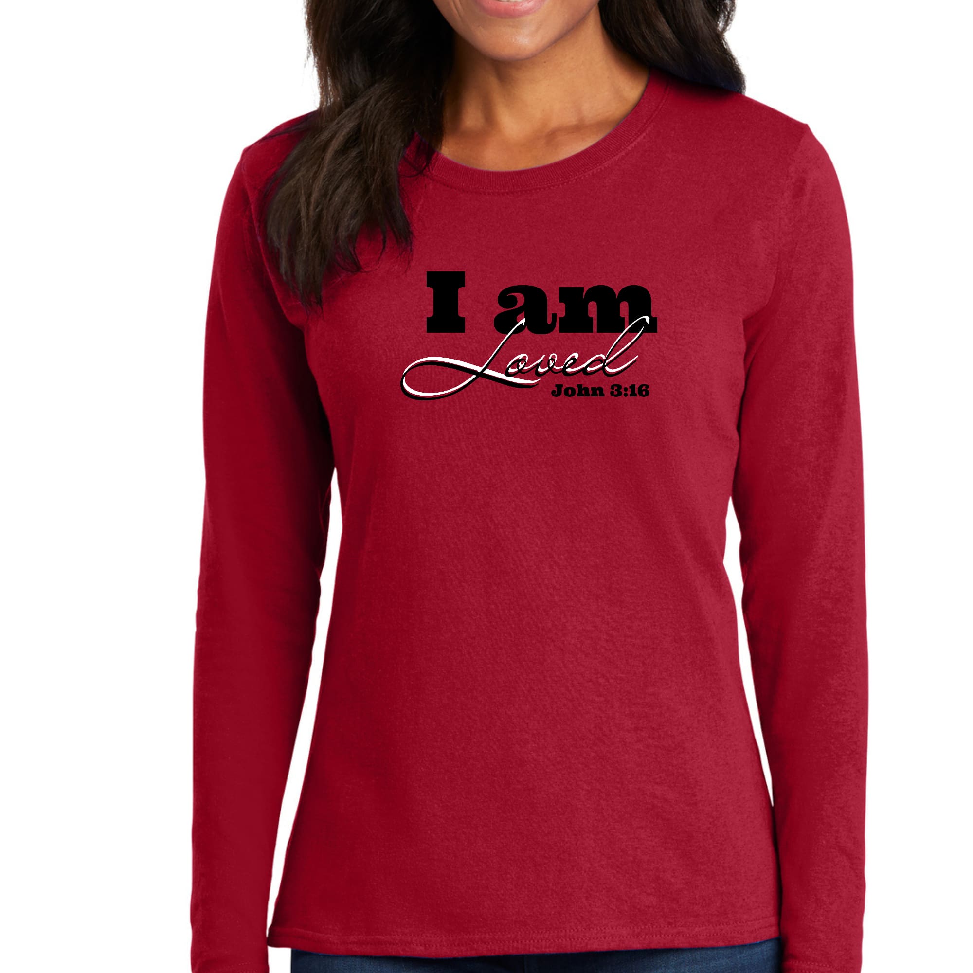 Womens Long Sleeve Graphic T-shirt in black featuring 'I Am Loved' John 3:16 scripture verse, made from soft preshrunk cotton.