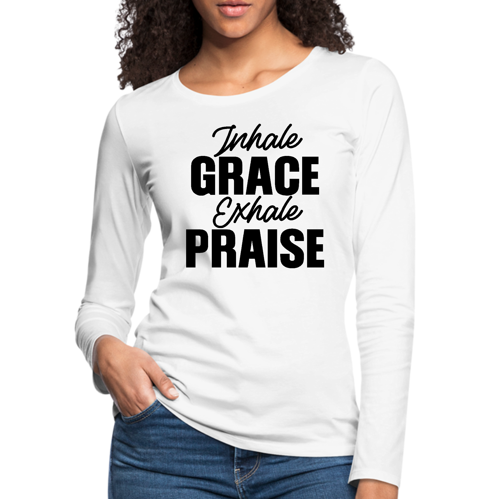 Womens Long Sleeve Graphic T-shirt in black featuring 'Inhale Grace Exhale Praise' design, showcasing its soft fabric and stylish look.