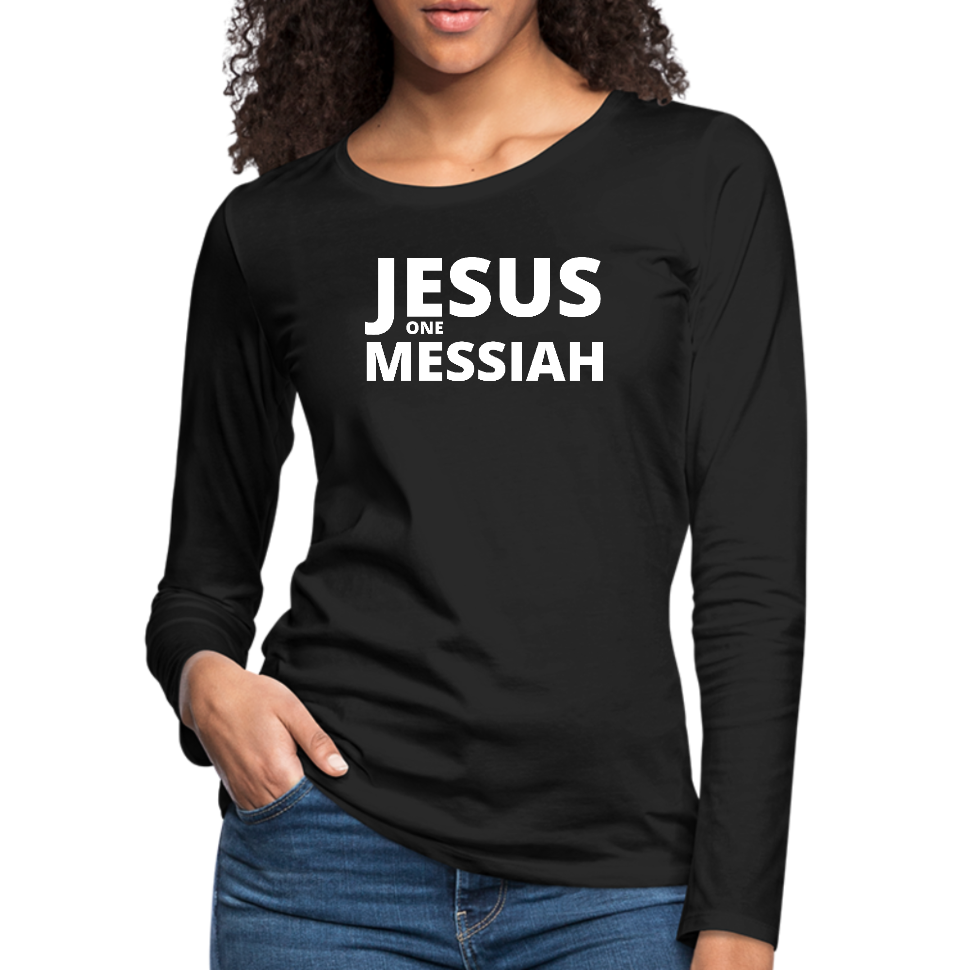 Women's Long Sleeve Graphic T-shirt with 'Jesus One Messiah' design, showcasing soft cotton fabric and durable stitching.