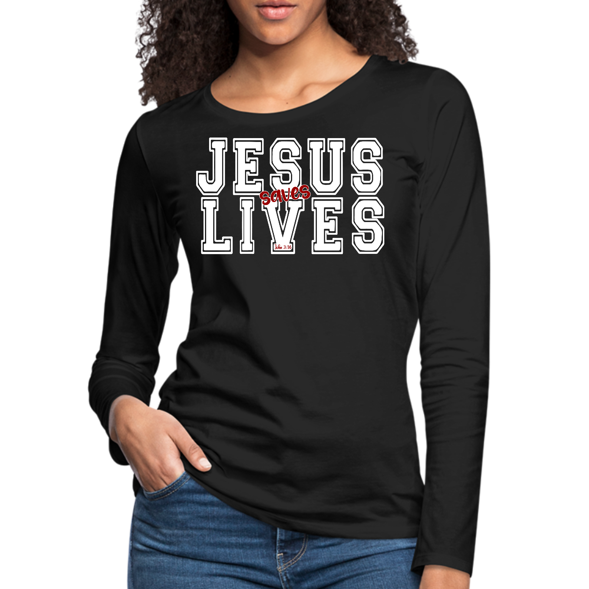 Women's long sleeve graphic t-shirt in white and red with 'Jesus Saves Lives' print, showcasing soft cotton fabric and durable stitching.