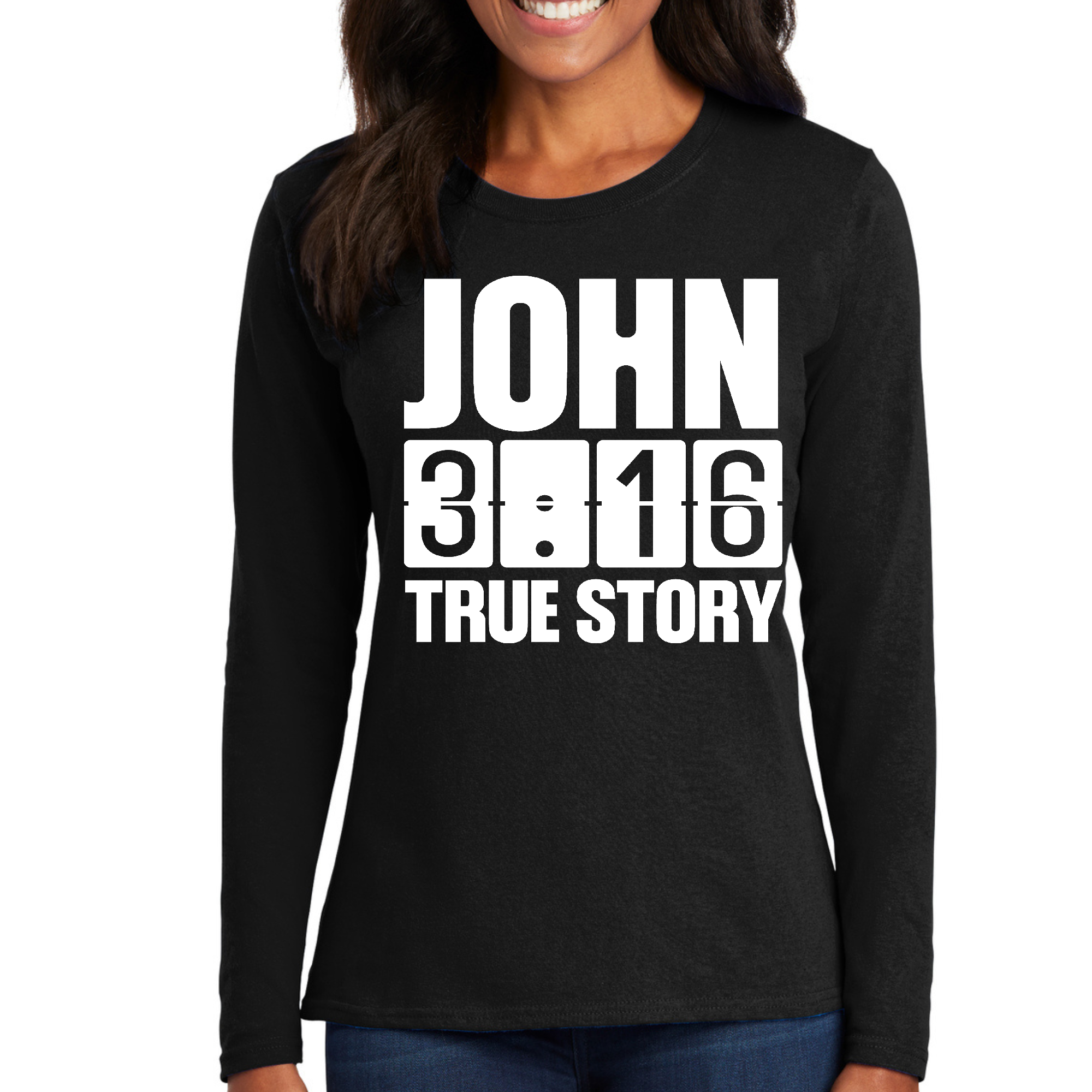 Womens Long Sleeve Graphic T-shirt featuring John 3:16 True Story print, made from soft preshrunk cotton with a classic fit.