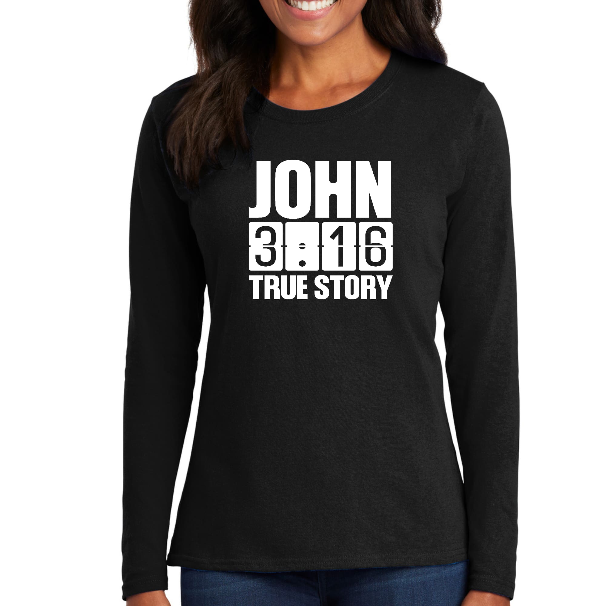 Womens Long Sleeve Graphic T-shirt featuring John 3:16 True Story print, made from soft preshrunk cotton with a classic fit.