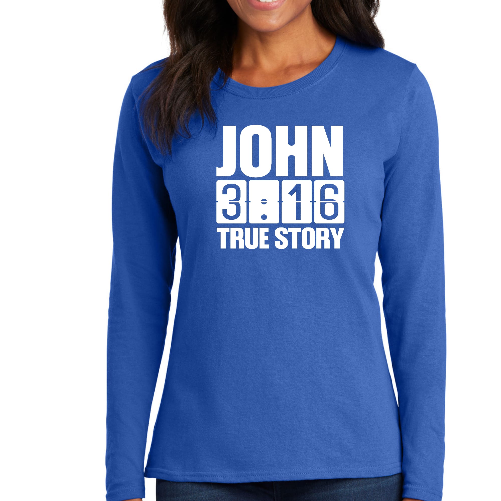 Womens Long Sleeve Graphic T-shirt featuring John 3:16 True Story print, made from soft preshrunk cotton with a classic fit.