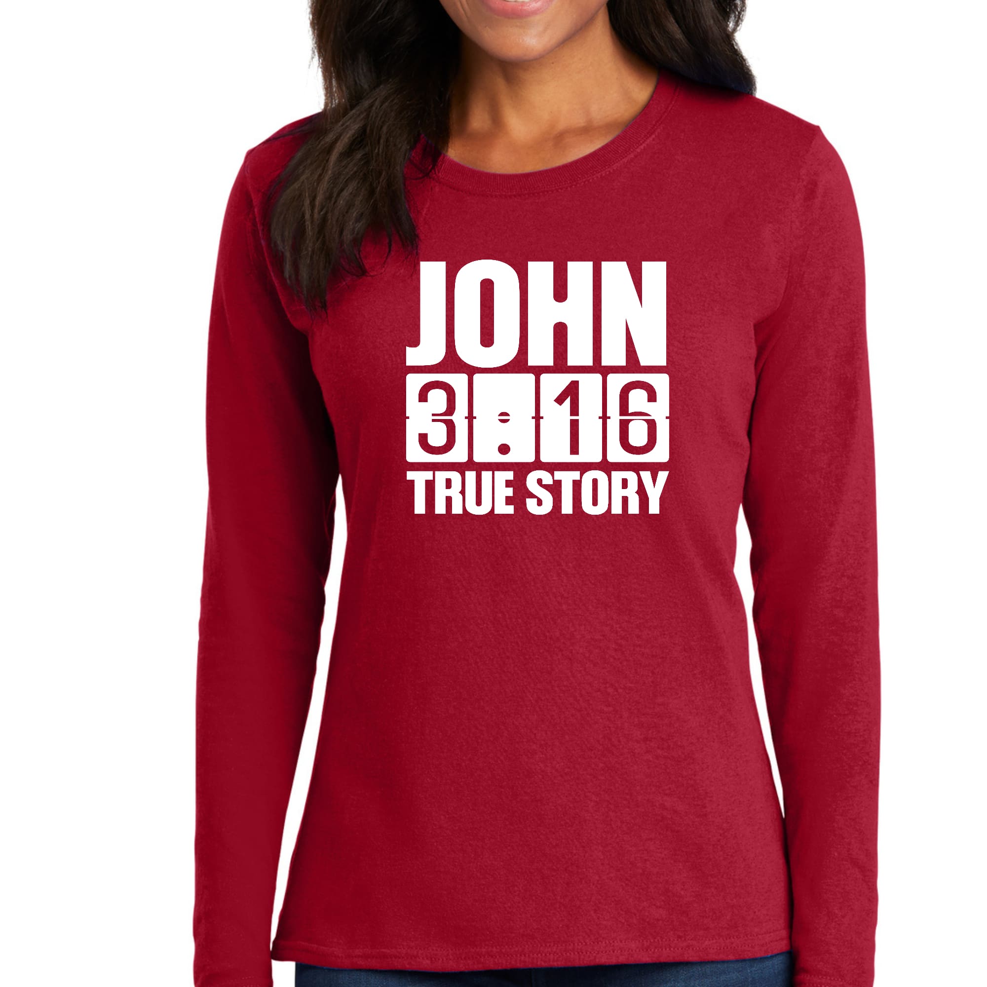 Womens Long Sleeve Graphic T-shirt featuring John 3:16 True Story print, made from soft preshrunk cotton with a classic fit.