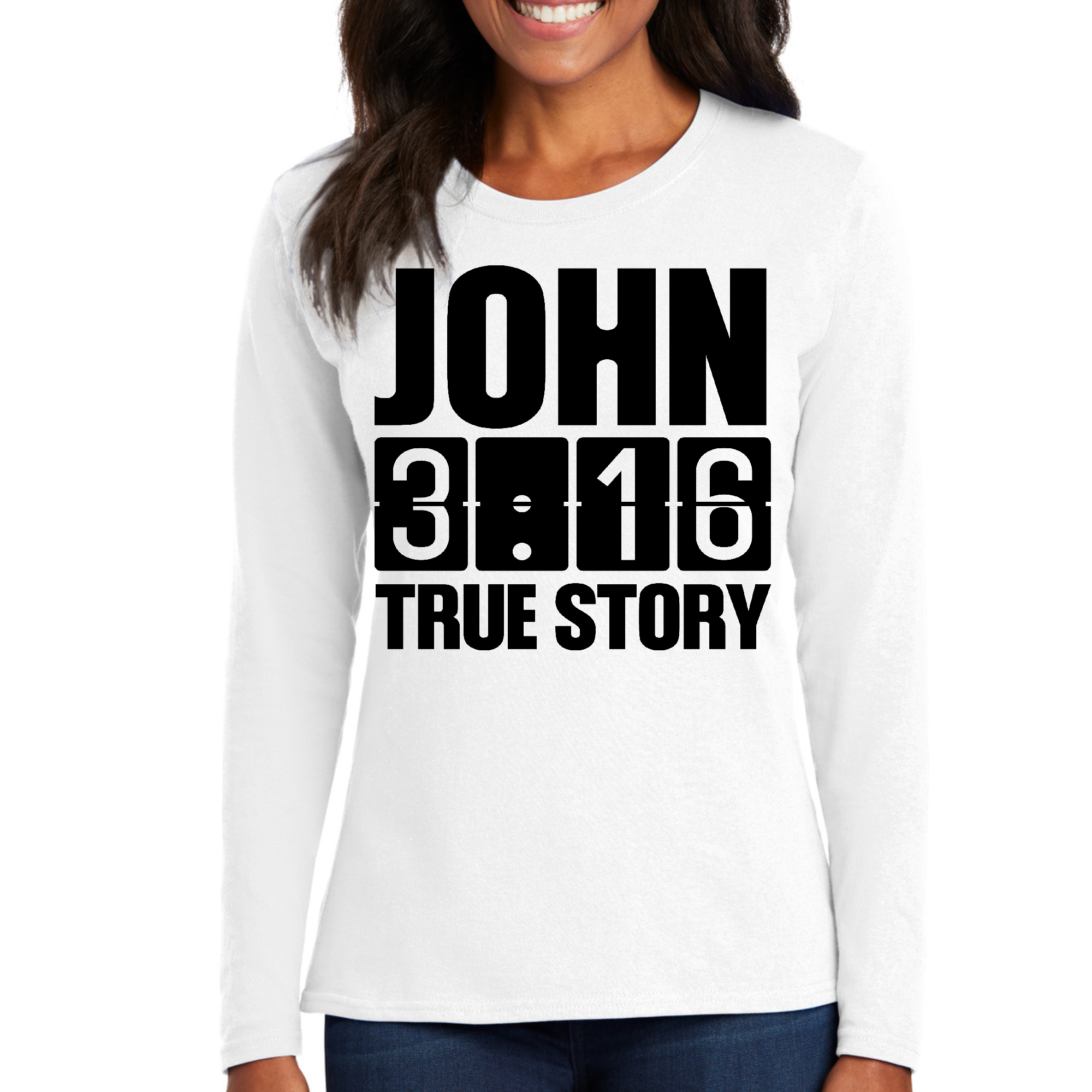 Womens Long Sleeve Graphic T-shirt in black featuring John 3:16 True Story print, showcasing a comfortable and stylish design.