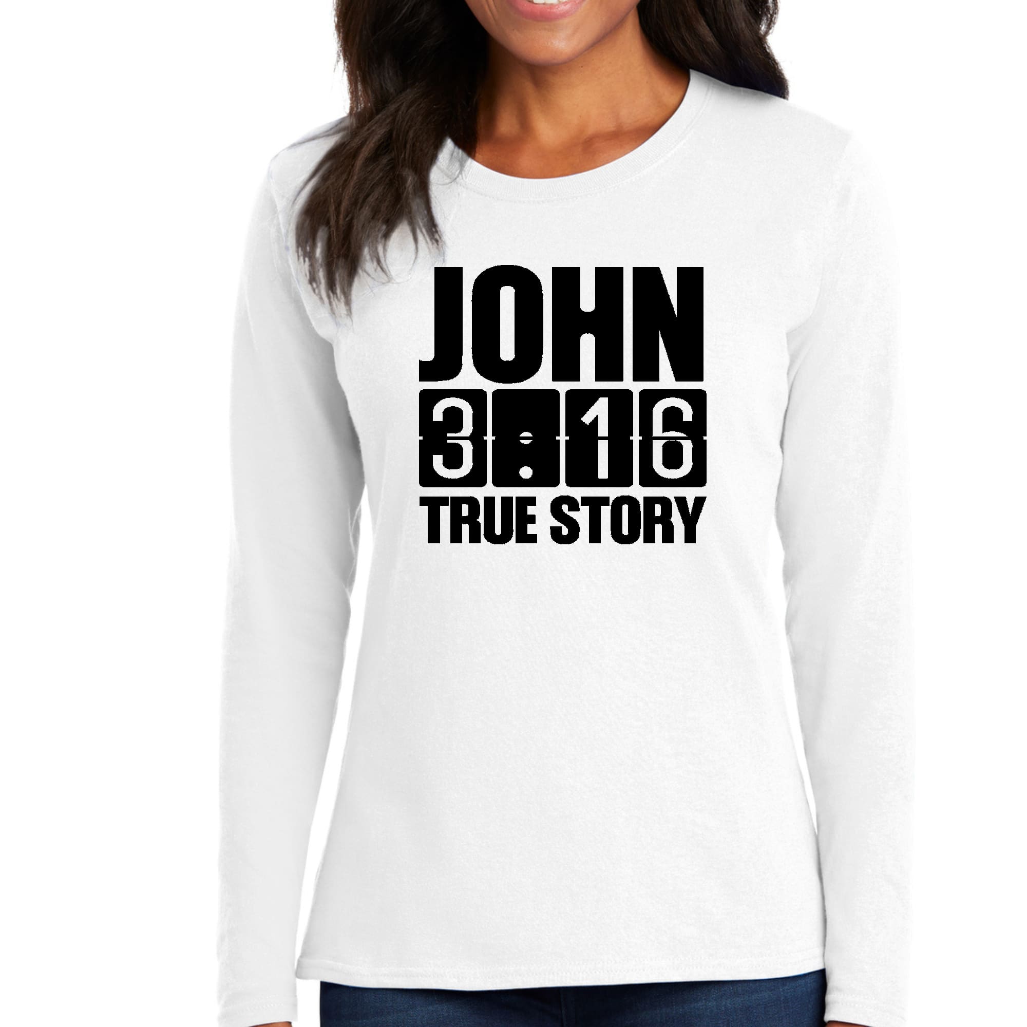 Womens Long Sleeve Graphic T-shirt in black featuring John 3:16 True Story print, showcasing a comfortable and stylish design.