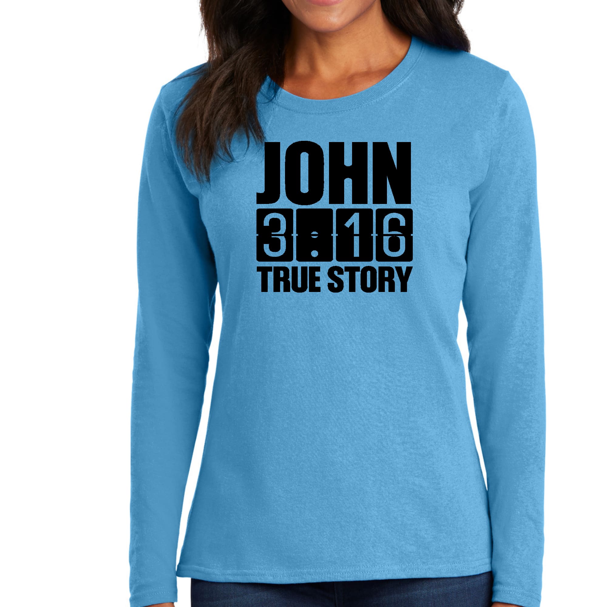 Womens Long Sleeve Graphic T-shirt in black featuring John 3:16 True Story print, showcasing a comfortable and stylish design.