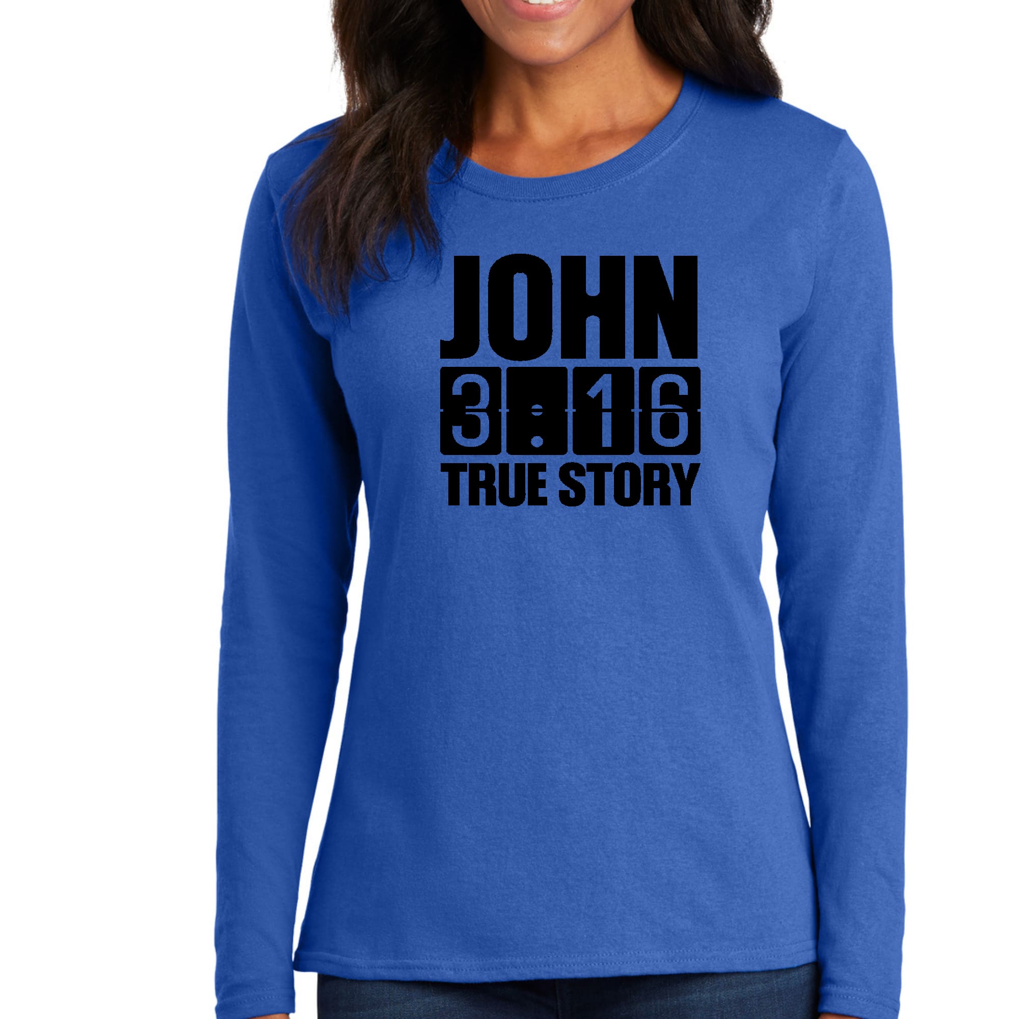 Womens Long Sleeve Graphic T-shirt in black featuring John 3:16 True Story print, showcasing a comfortable and stylish design.