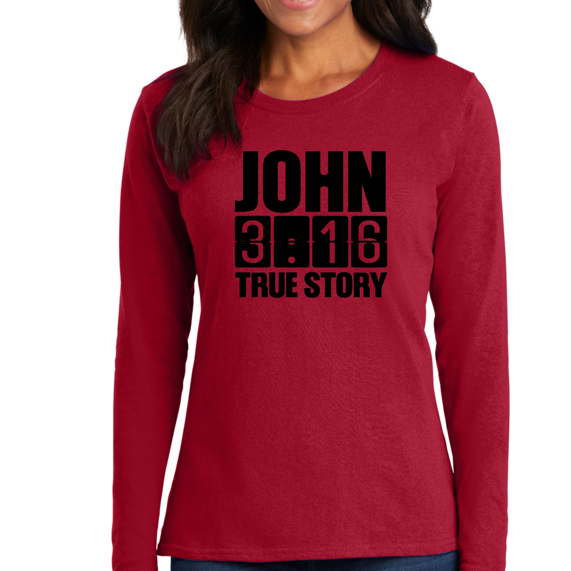 Womens Long Sleeve Graphic T-shirt in black featuring John 3:16 True Story print, showcasing a comfortable and stylish design.