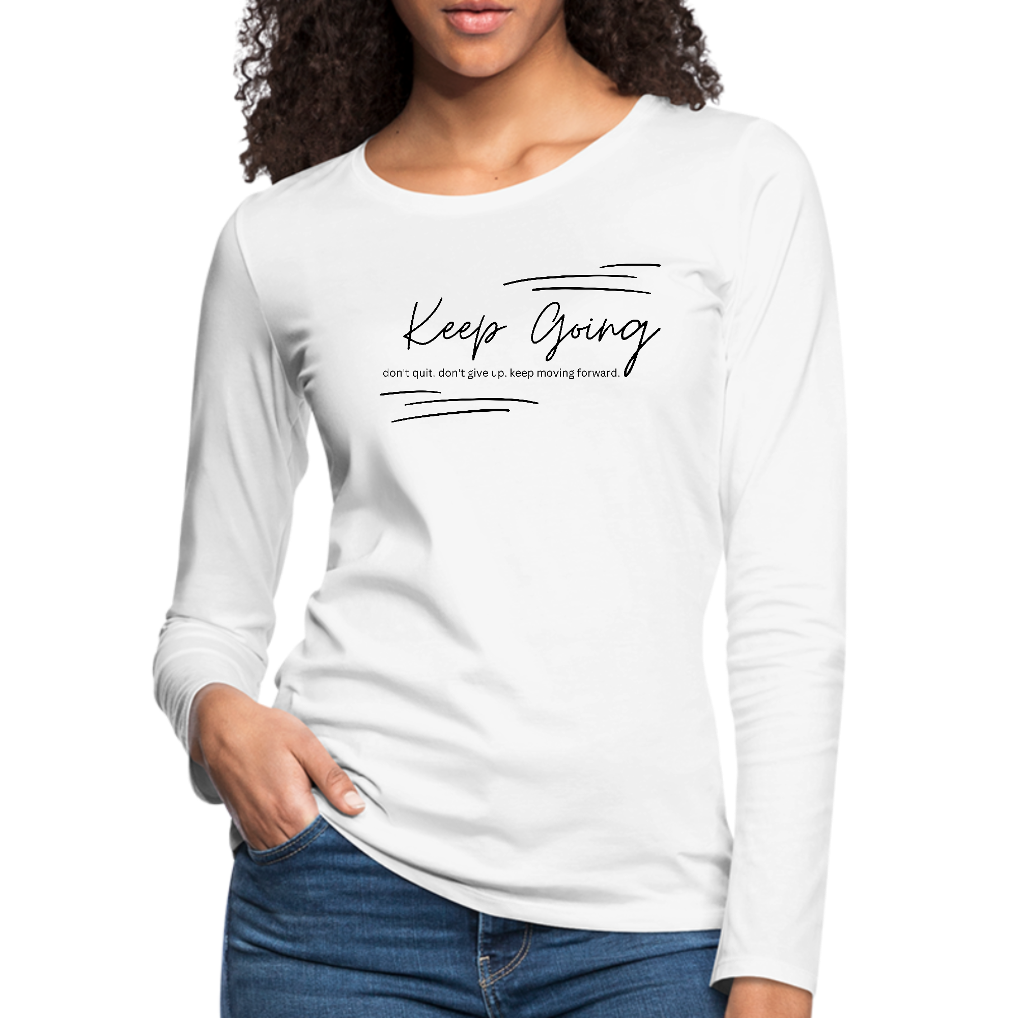 Women's Long Sleeve Graphic T-shirt in black with 'Keep Going Don't Give Up' motivational print, showcasing a classic crewneck design.