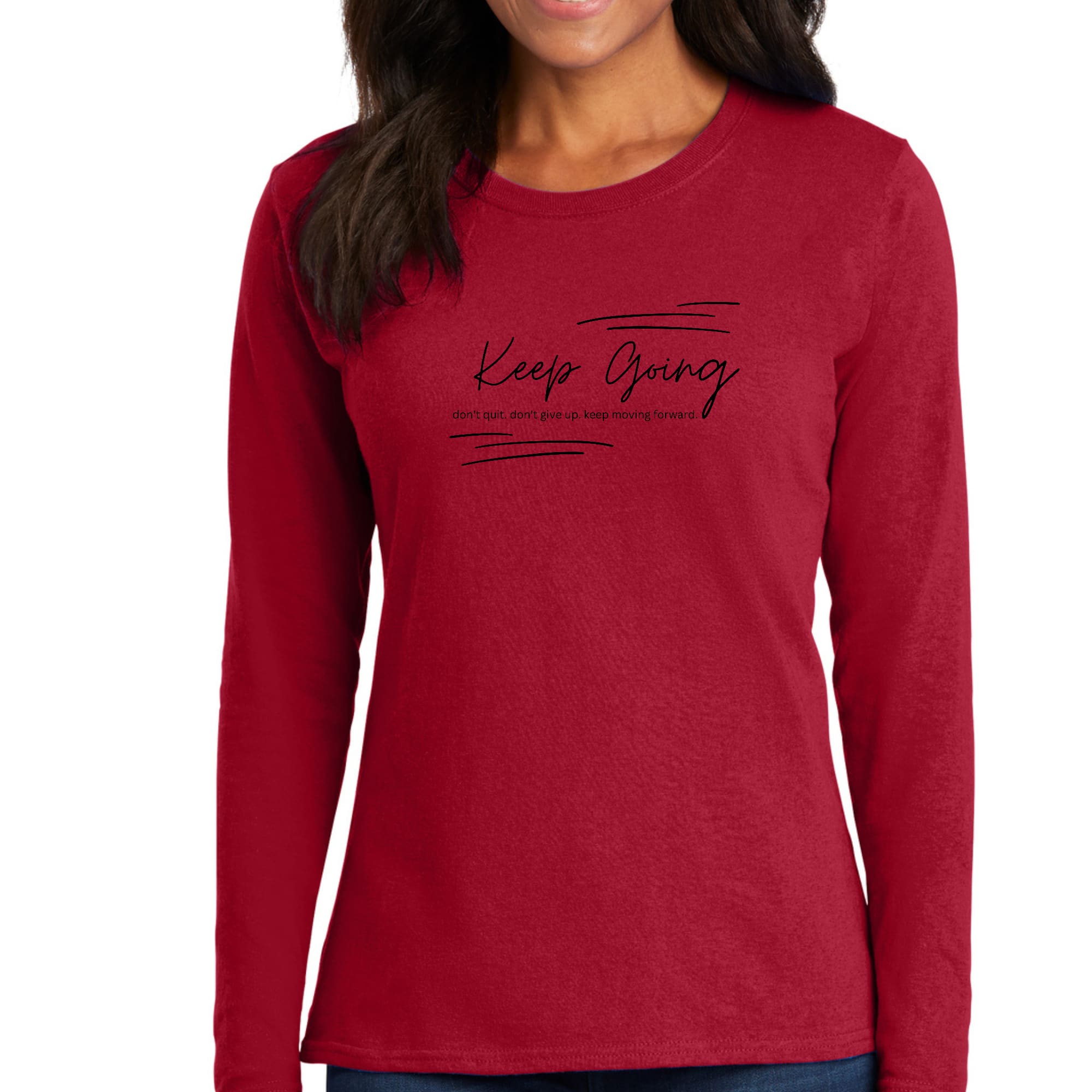 Women's Long Sleeve Graphic T-shirt in black with 'Keep Going Don't Give Up' motivational print, showcasing a classic crewneck design.