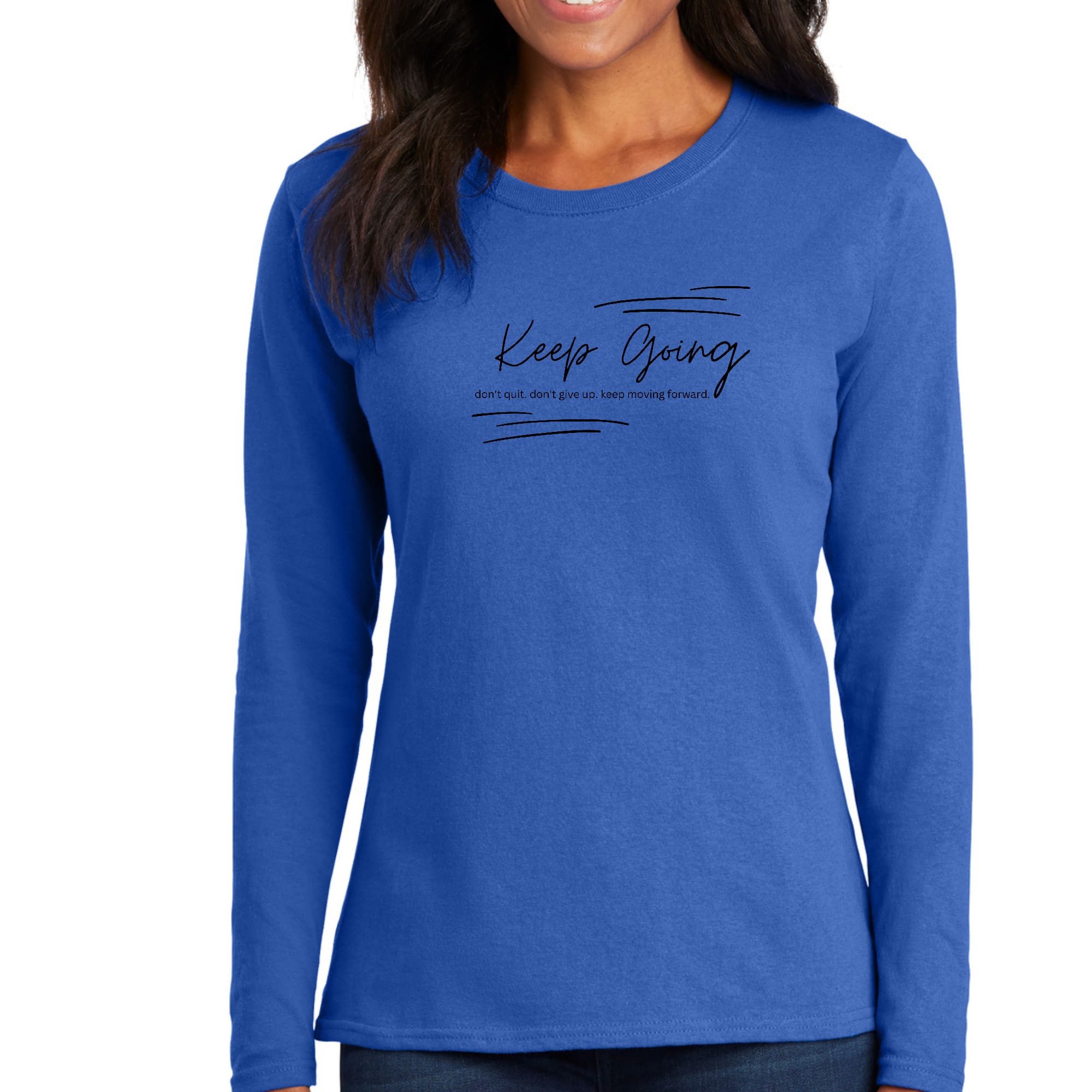 Women's Long Sleeve Graphic T-shirt in black with 'Keep Going Don't Give Up' motivational print, showcasing a classic crewneck design.