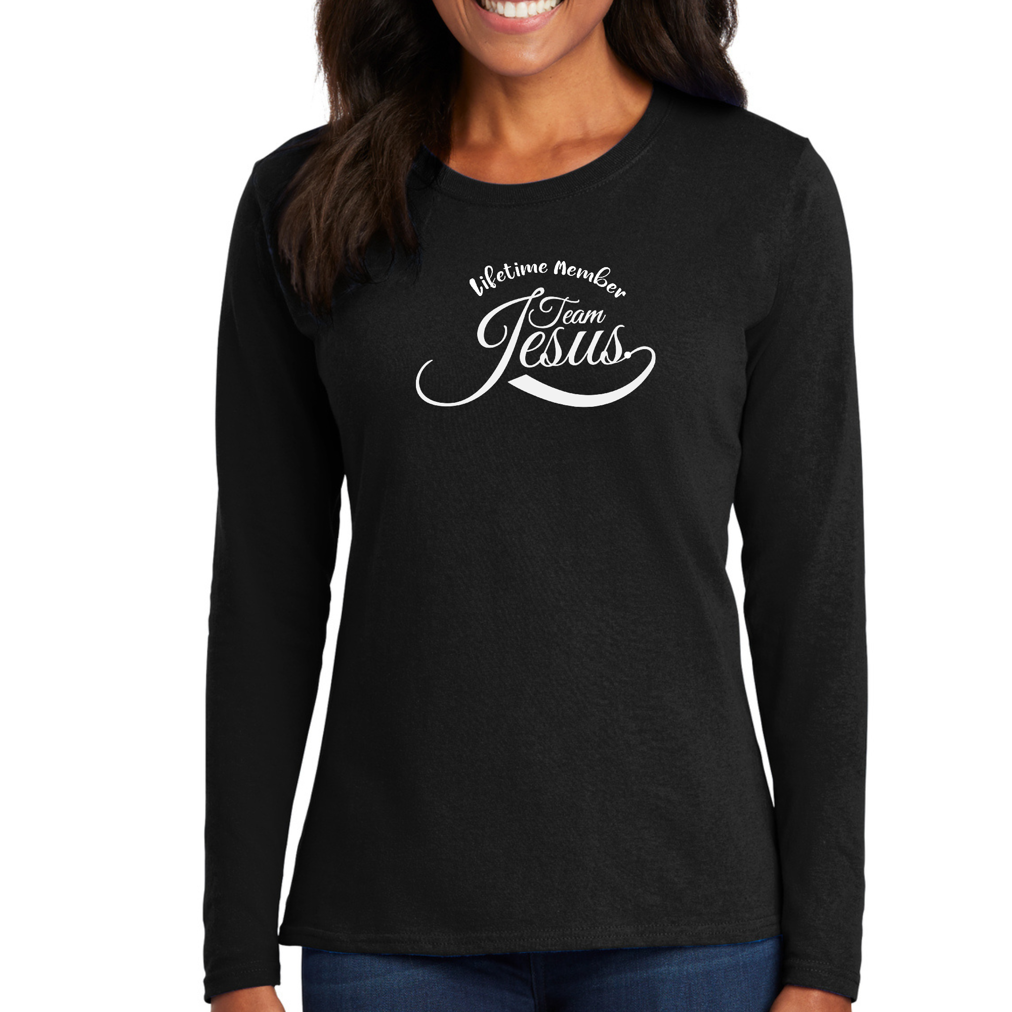 Women's Long Sleeve Graphic T-shirt with Lifetime Member Team Jesus design, showcasing vibrant colors and comfortable fit.