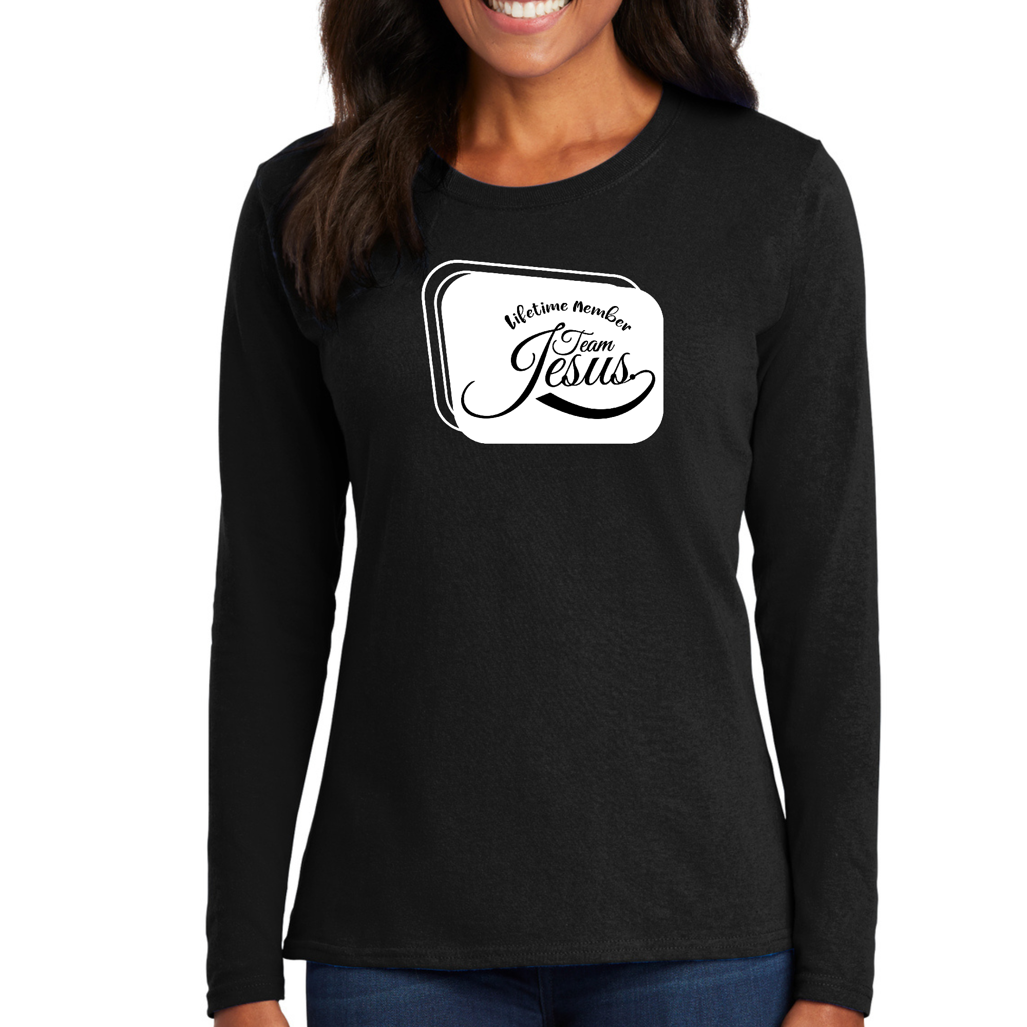 Women's Long Sleeve Graphic T-shirt featuring Lifetime Member Team Jesus design, showcasing vibrant colors and comfortable fit.