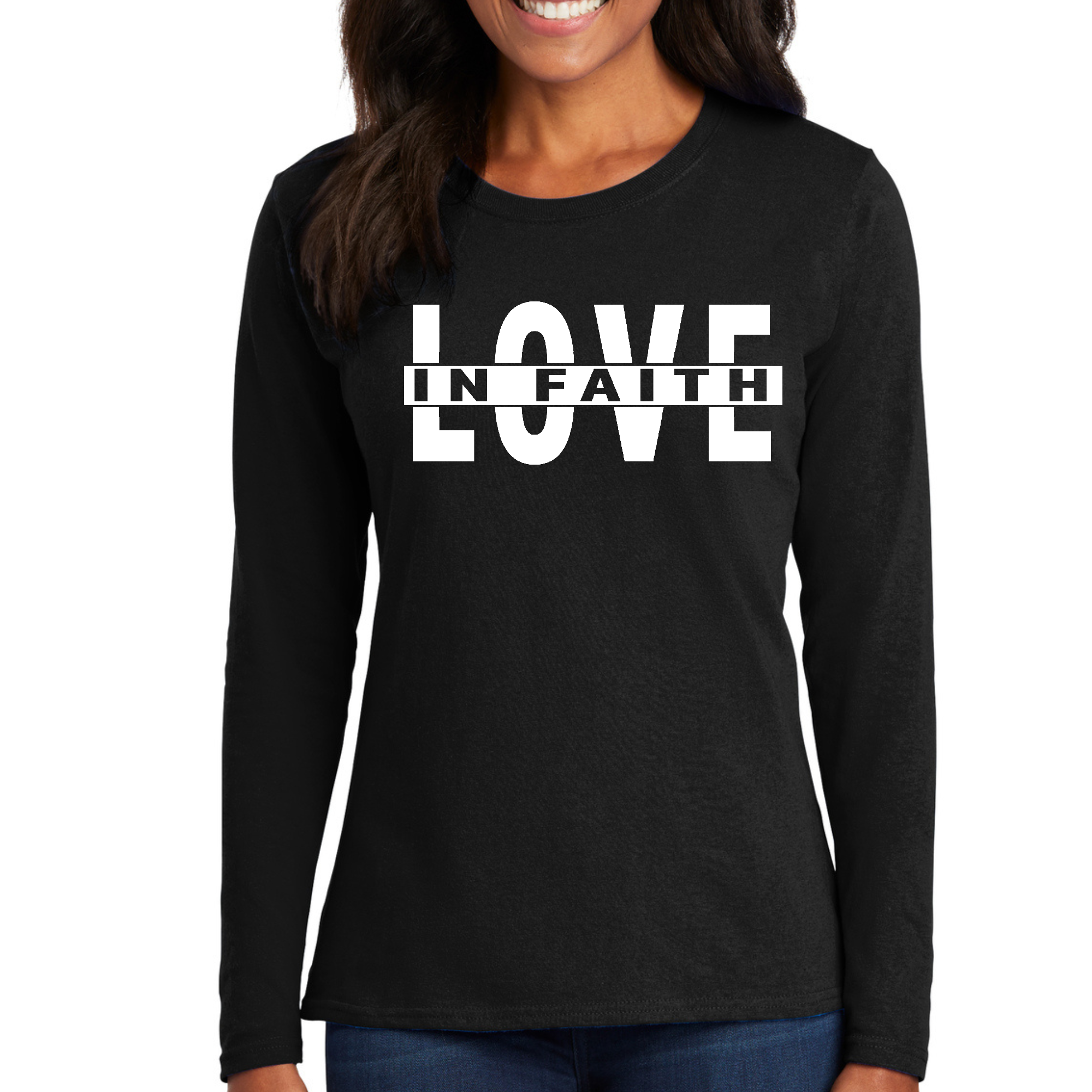 Womens Long Sleeve Graphic T-shirt featuring 'Love in Faith' scripture design, made from soft preshrunk cotton.