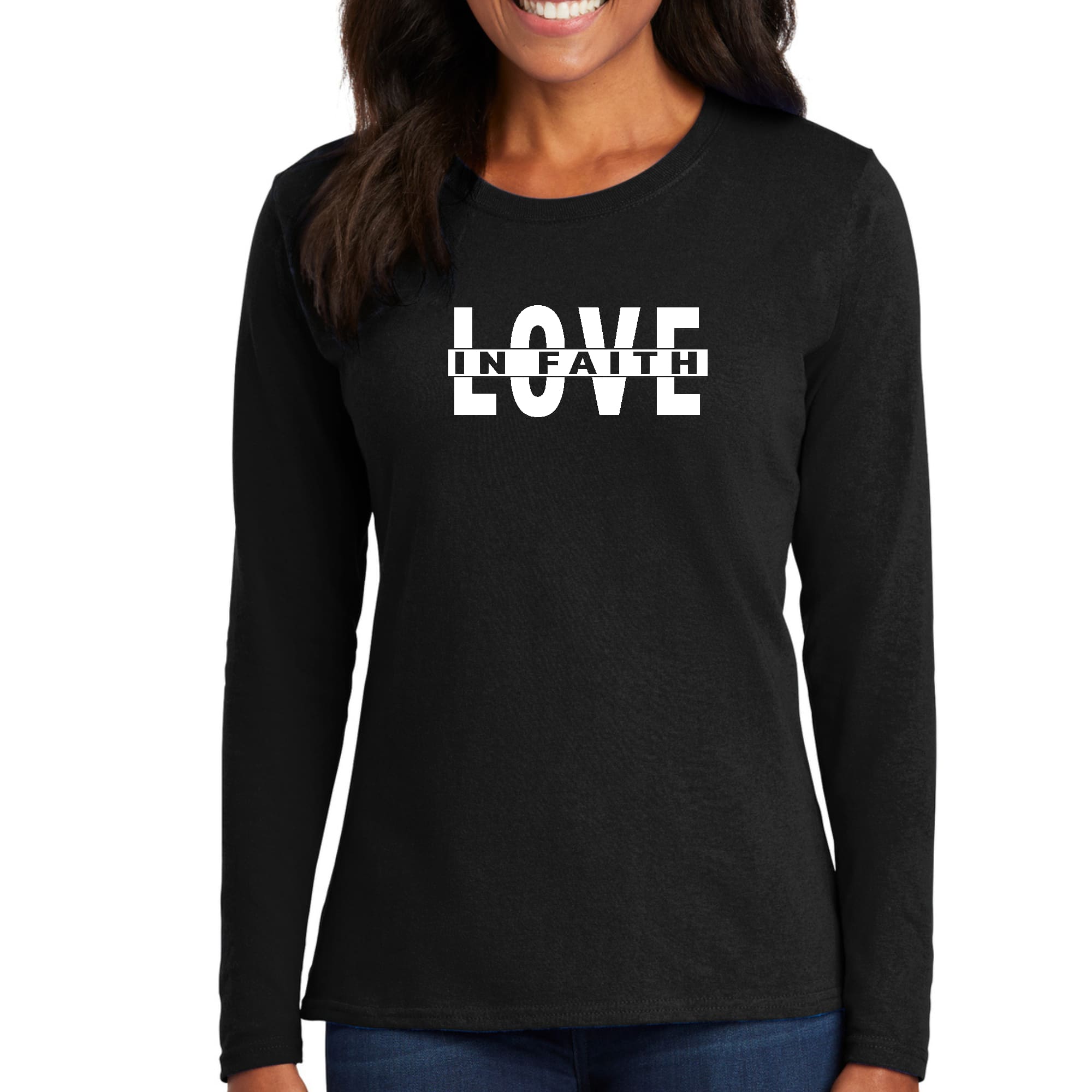 Womens Long Sleeve Graphic T-shirt featuring 'Love in Faith' scripture design, made from soft preshrunk cotton.