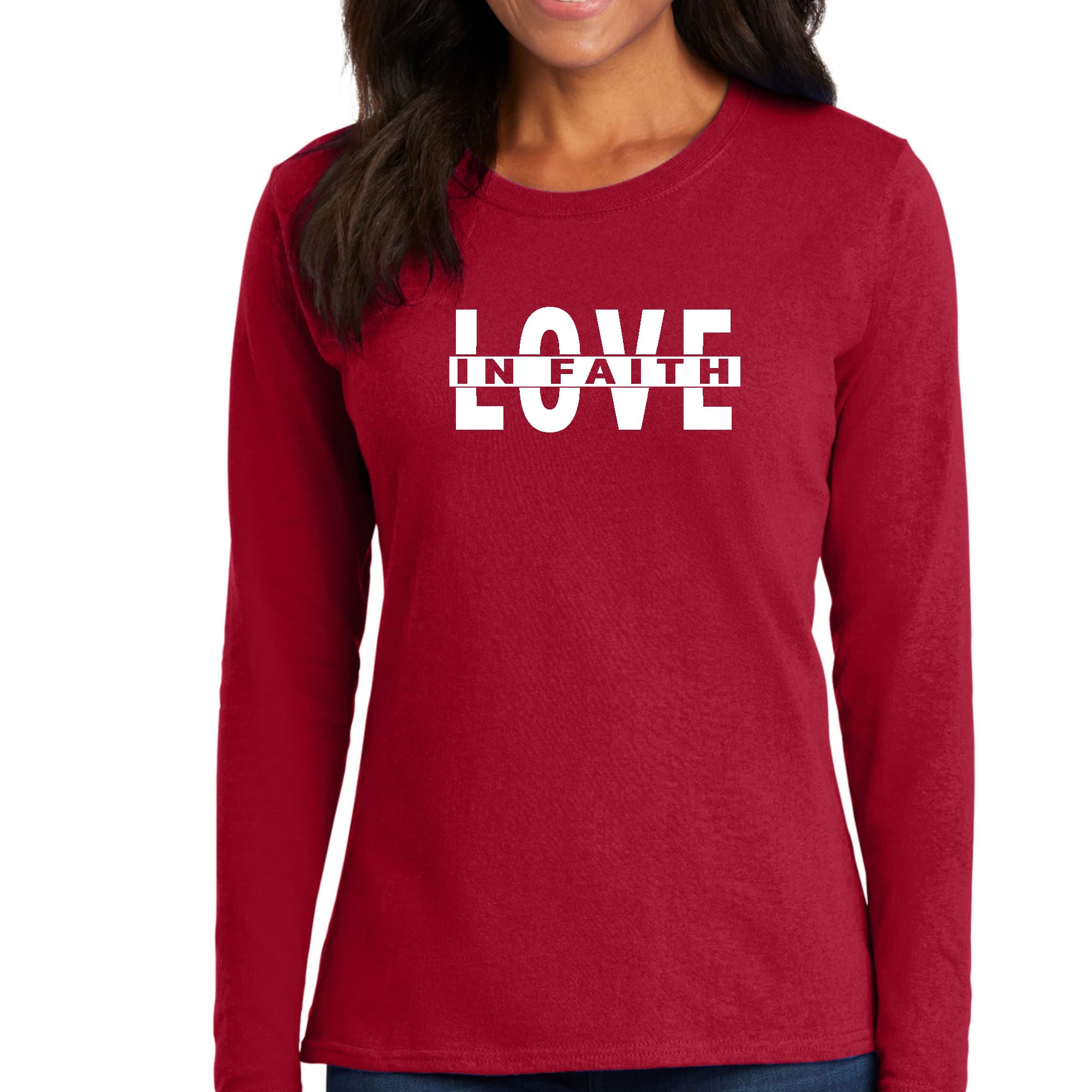 Womens Long Sleeve Graphic T-shirt featuring 'Love in Faith' scripture design, made from soft preshrunk cotton.