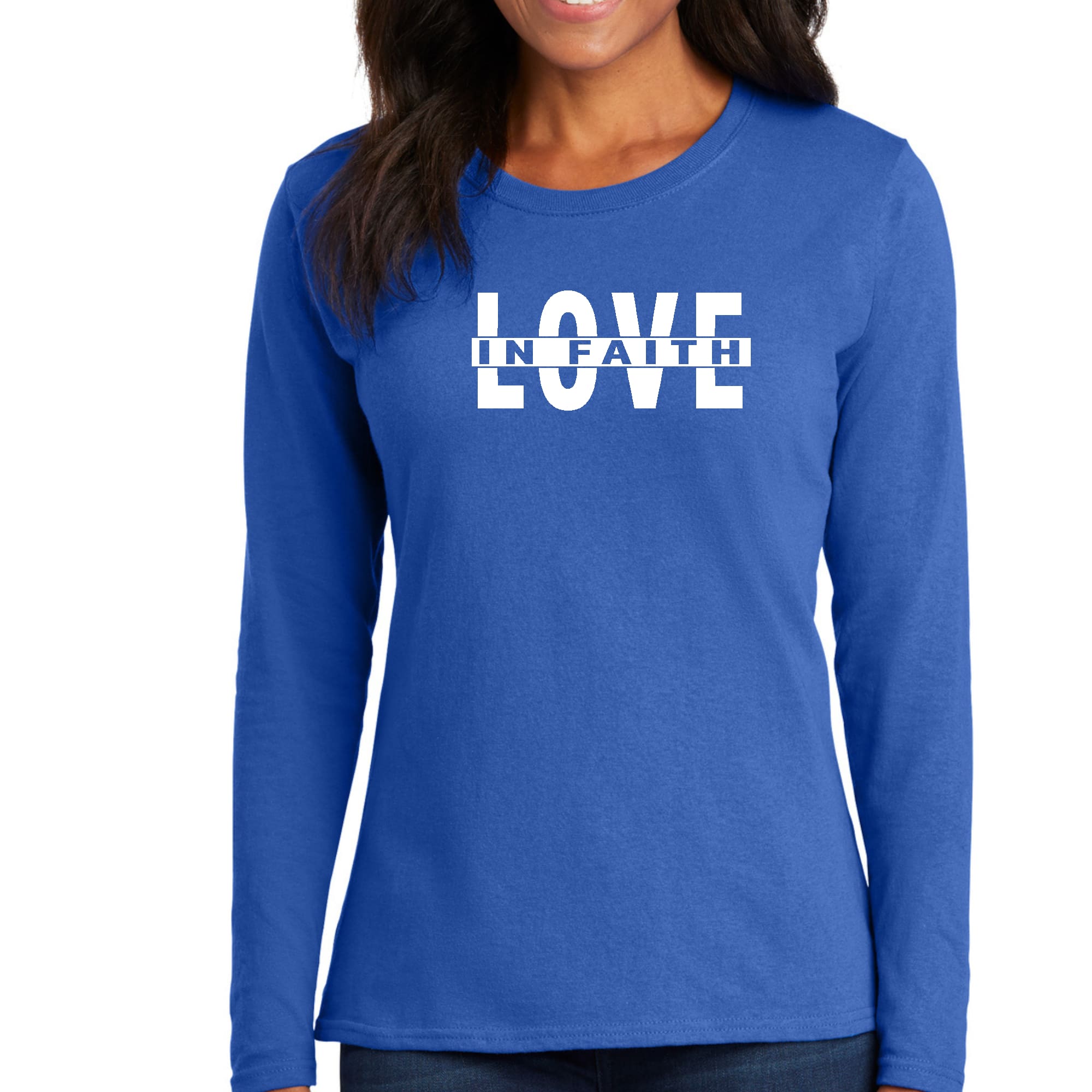 Womens Long Sleeve Graphic T-shirt featuring 'Love in Faith' scripture design, made from soft preshrunk cotton.