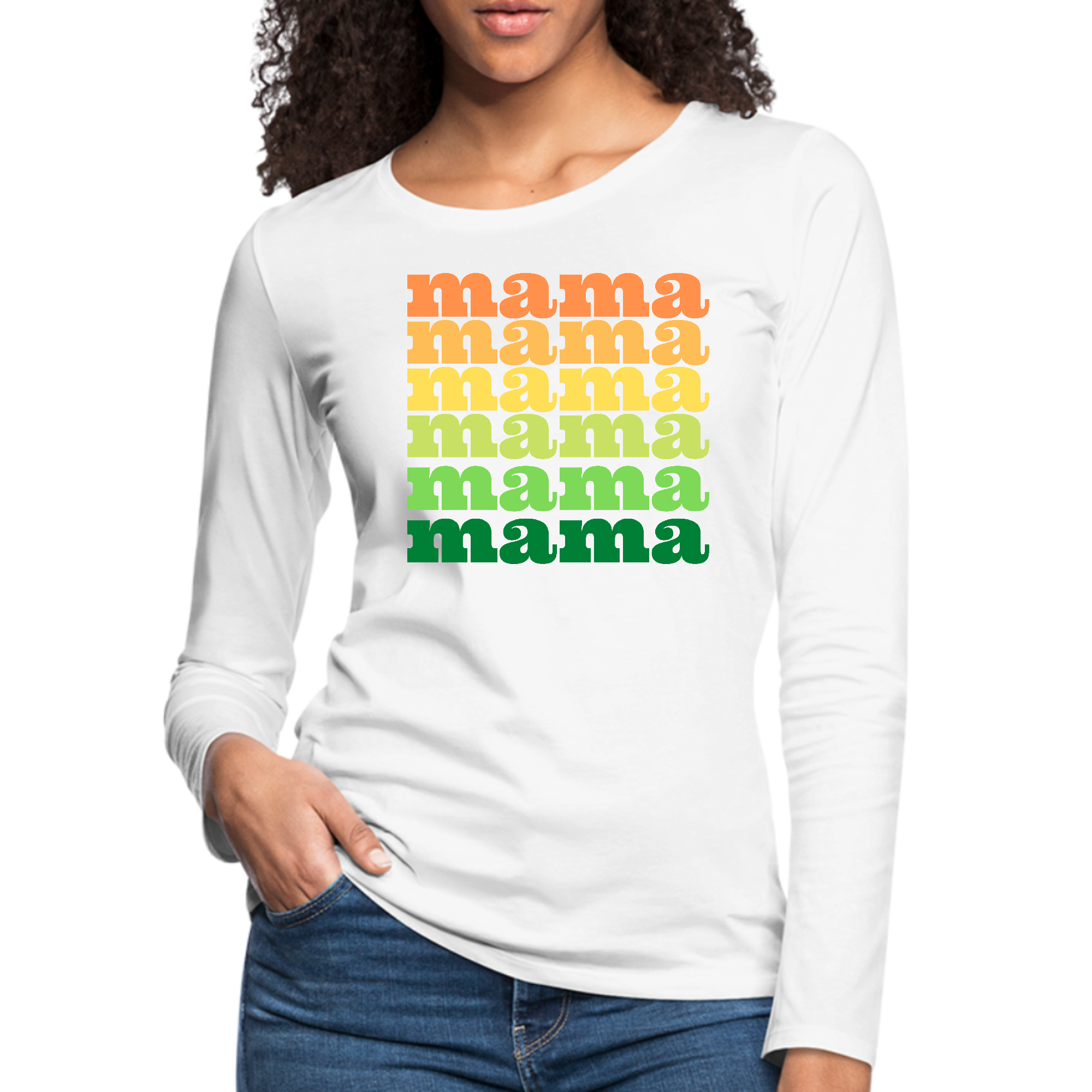 Women's long sleeve graphic t-shirt featuring 'Mama Celebrating Mothers' design, made from soft cotton with durable stitching.