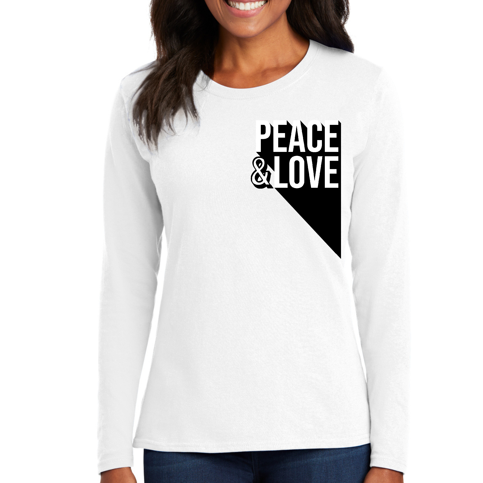 Womens Long Sleeve Graphic T-shirt featuring a colorful Peace and Love print, made from soft preshrunk cotton.