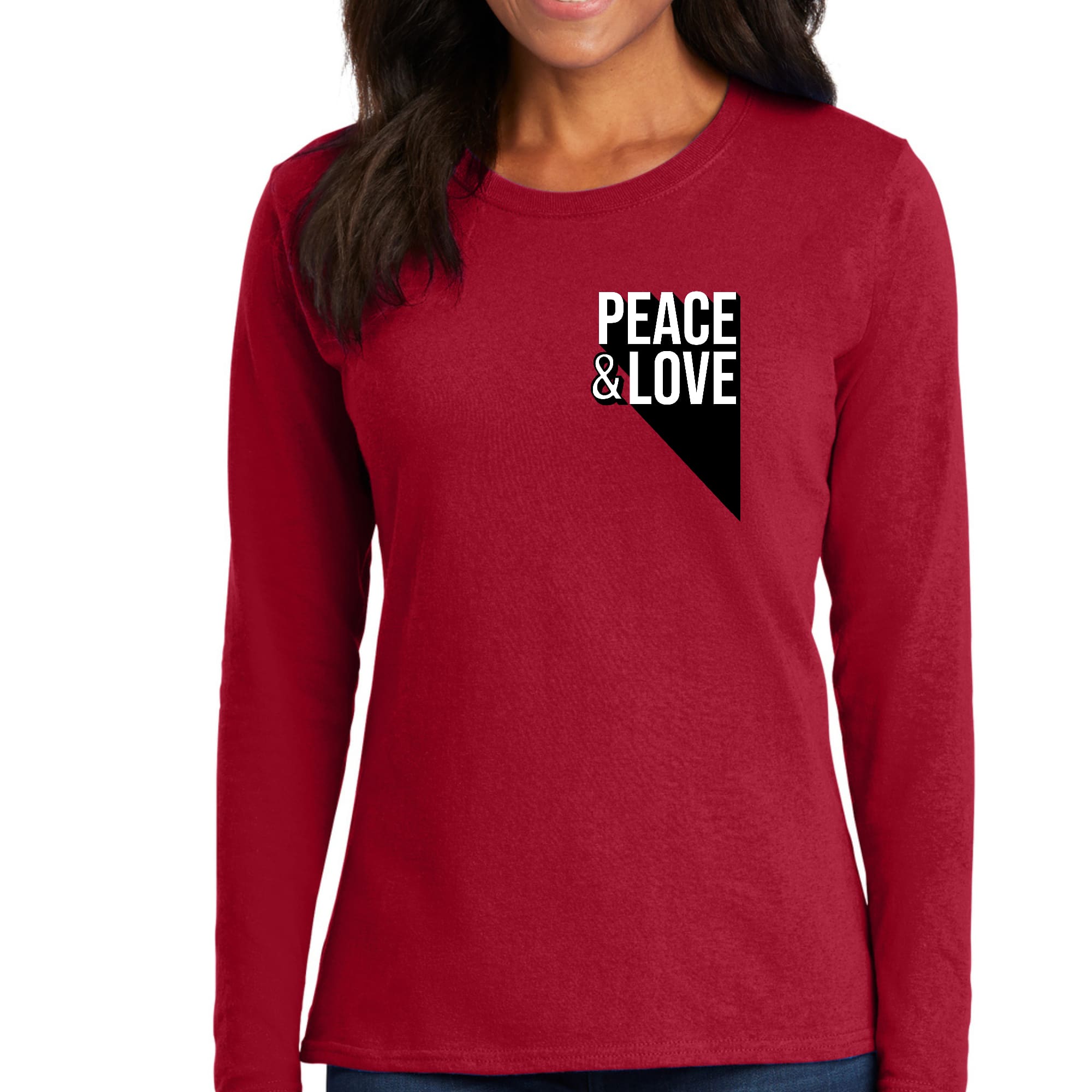 Womens Long Sleeve Graphic T-shirt featuring a colorful Peace and Love print, made from soft preshrunk cotton.