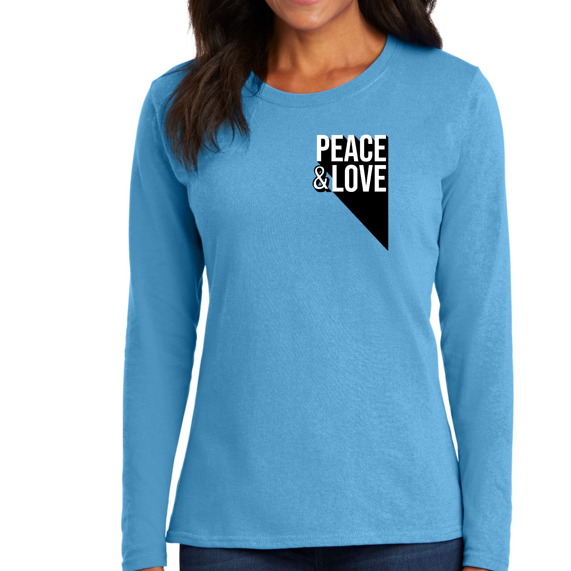 Womens Long Sleeve Graphic T-shirt featuring a colorful Peace and Love print, made from soft preshrunk cotton.