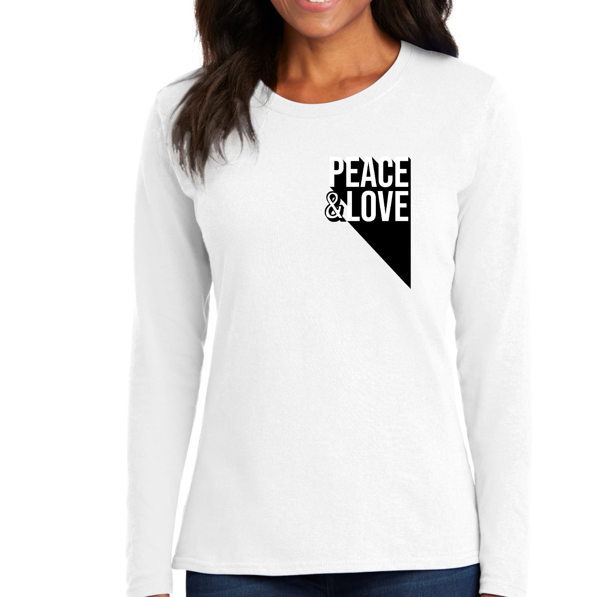 Womens Long Sleeve Graphic T-shirt featuring a colorful Peace and Love print, made from soft preshrunk cotton.