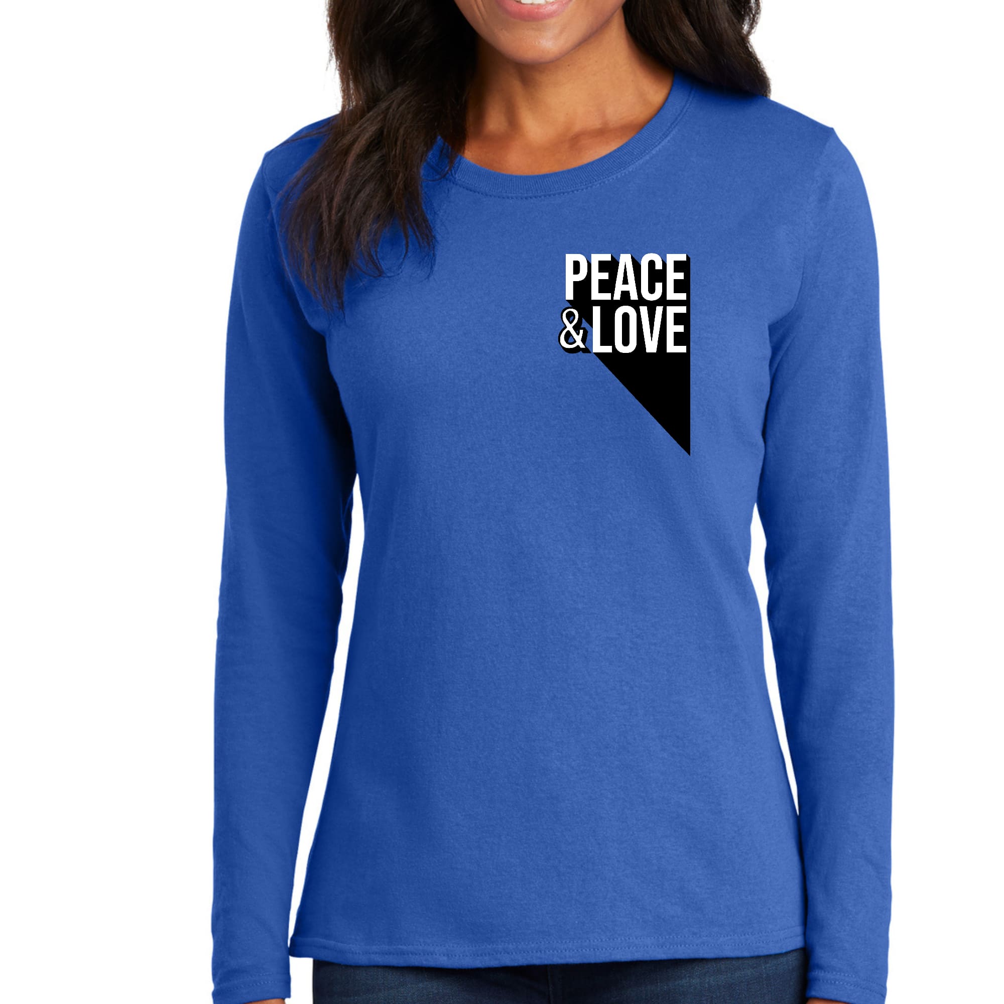 Womens Long Sleeve Graphic T-shirt featuring a colorful Peace and Love print, made from soft preshrunk cotton.