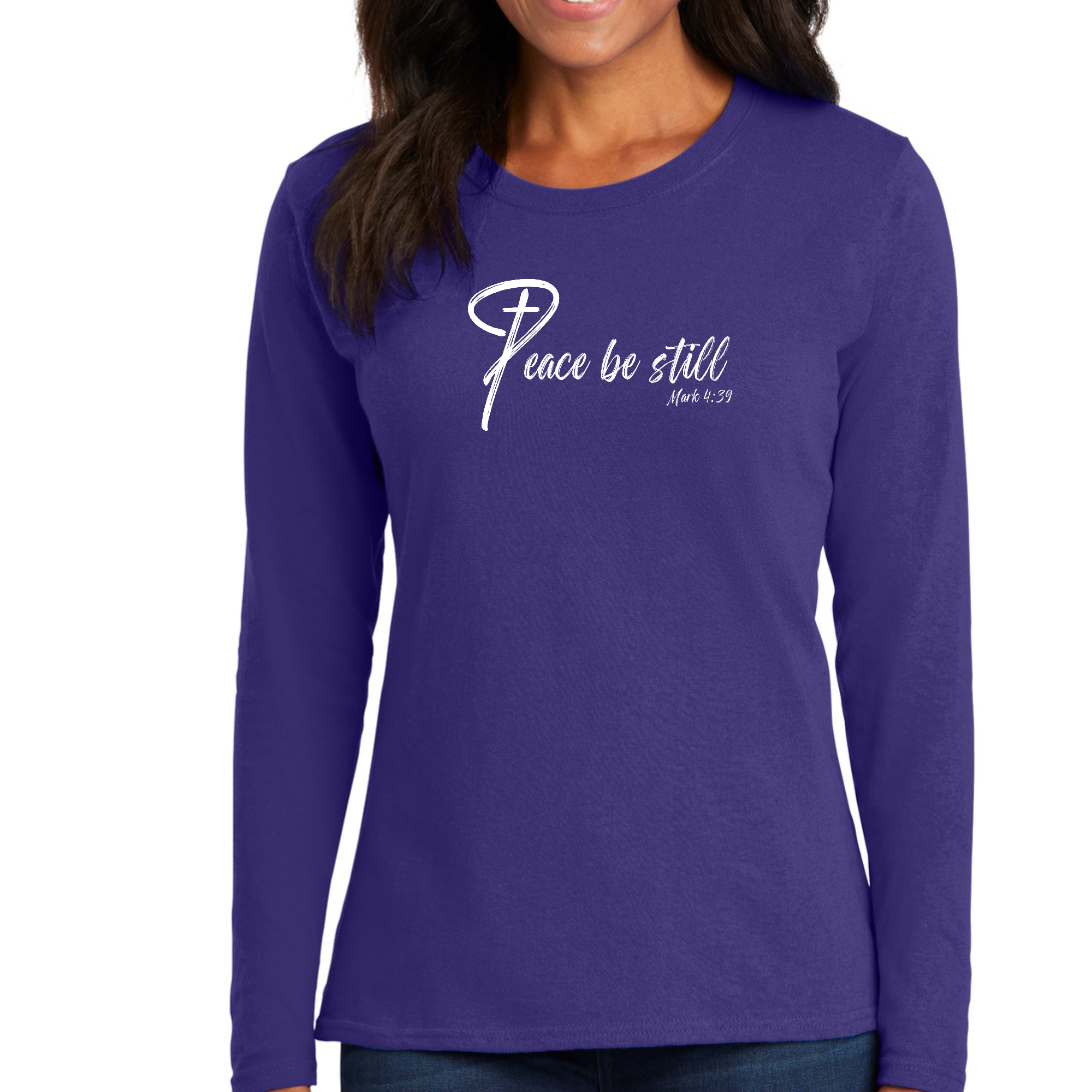 Women's Long Sleeve Graphic T-shirt with 'Peace Be Still' design, showcasing vibrant colors and a comfortable fit.