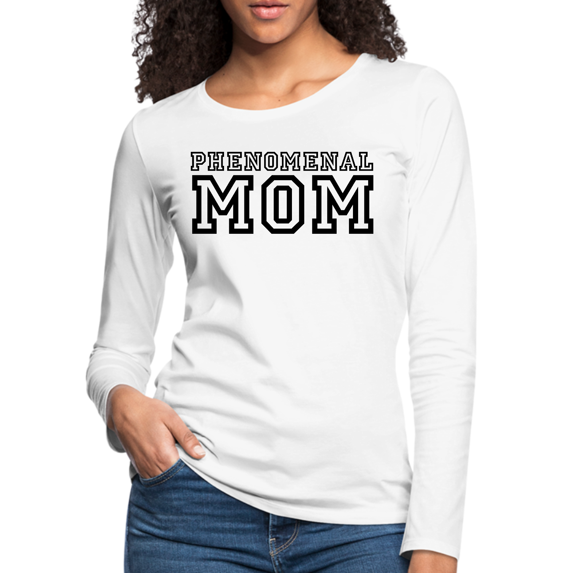 Women's Long Sleeve Graphic T-shirt featuring a Phenomenal Mom print, showcasing soft cotton fabric and stylish design.