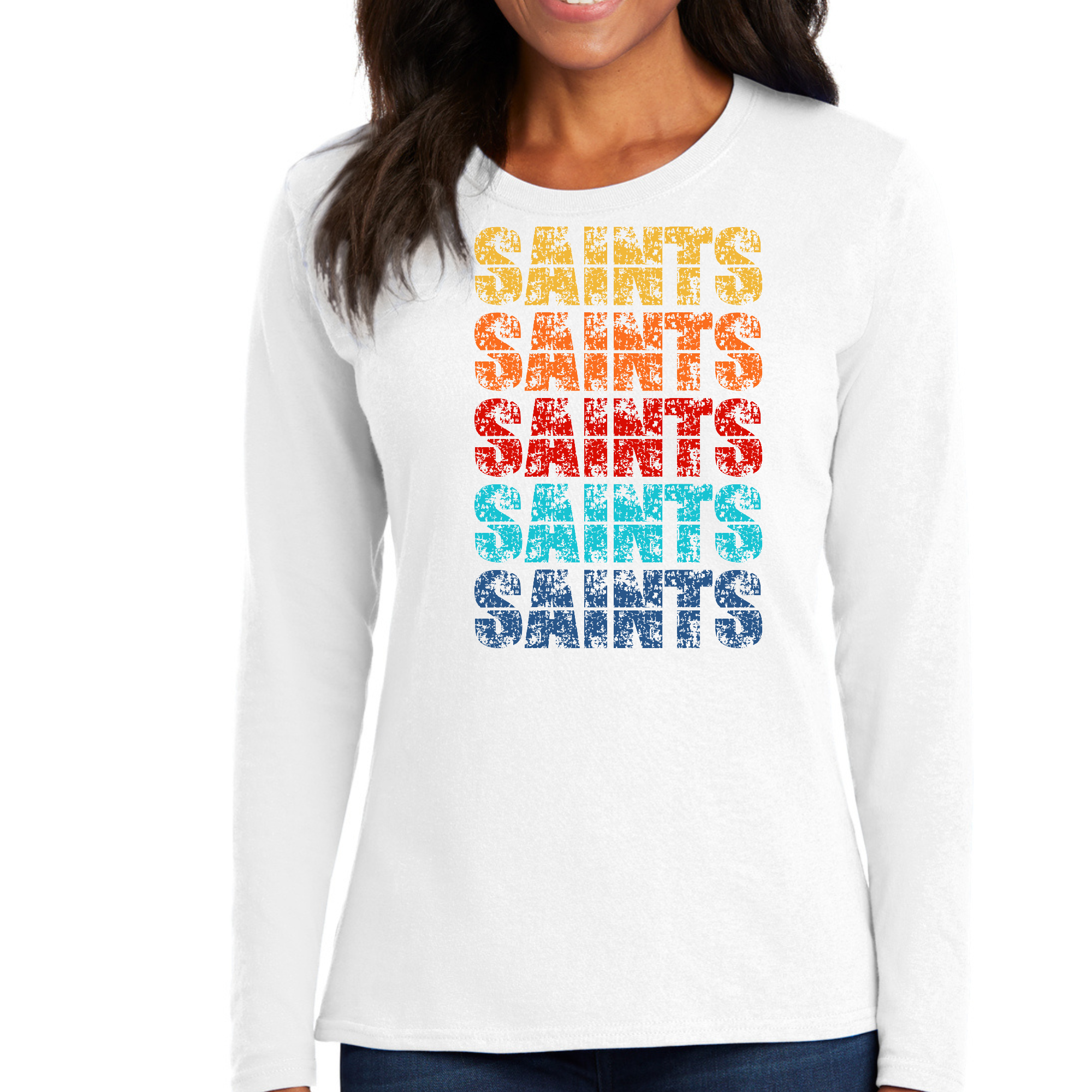 A vibrant Women's Long Sleeve Graphic T-shirt featuring a colorful Saints art illustration, showcasing its stylish design and comfortable fit.