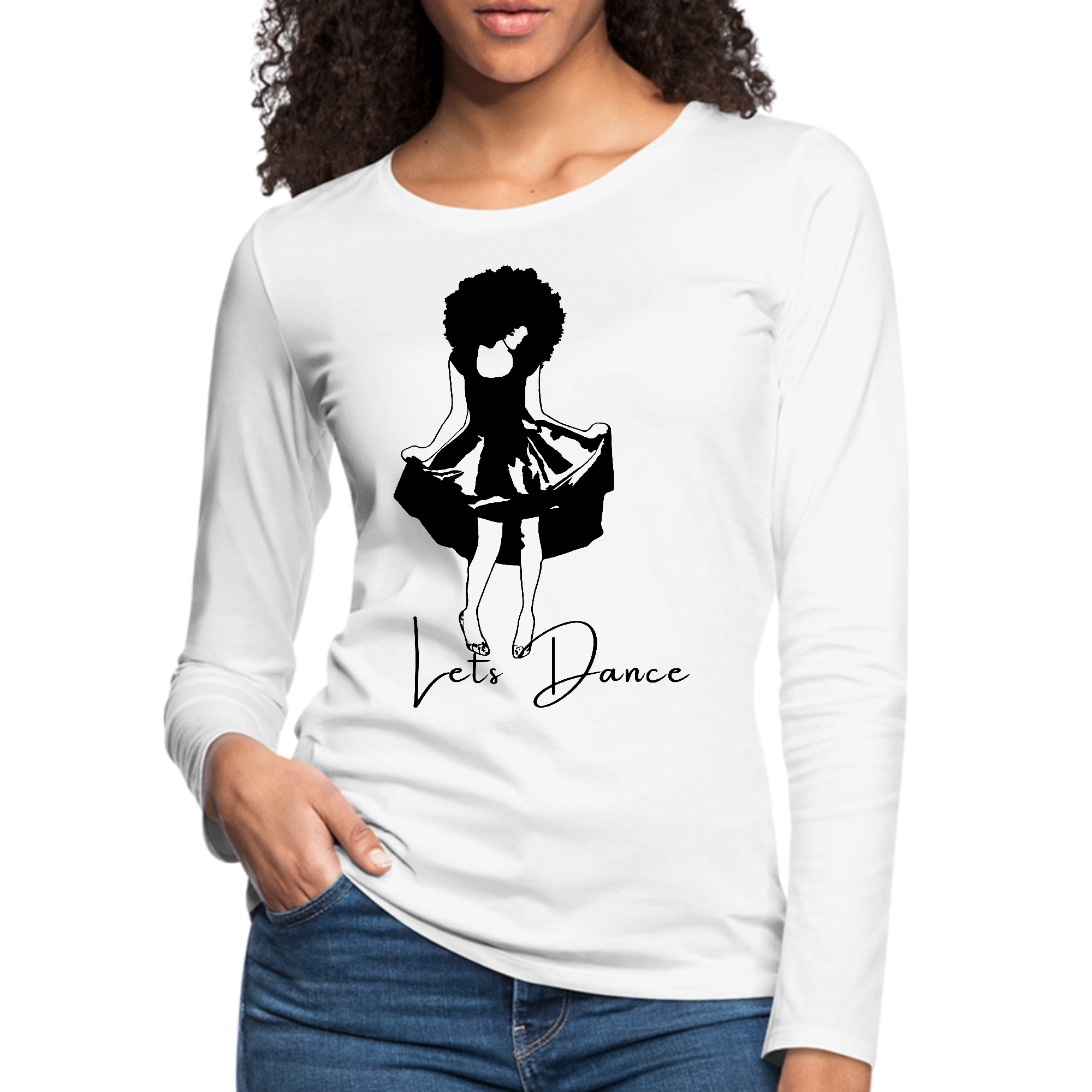 Womens Long Sleeve Graphic T-shirt in black featuring 'Lets Dance' design, showcasing soft cotton fabric and stylish fit.