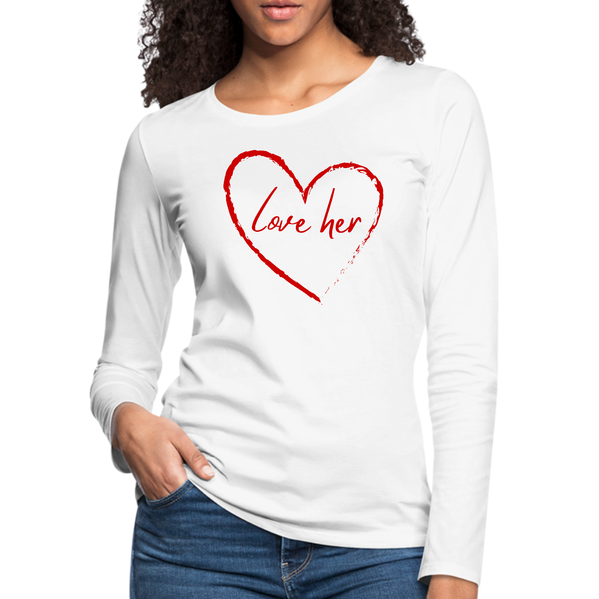 Women's long sleeve graphic t-shirt in red with 'Say it Soul Love Her' design, showcasing soft cotton fabric and double-stitched seams.