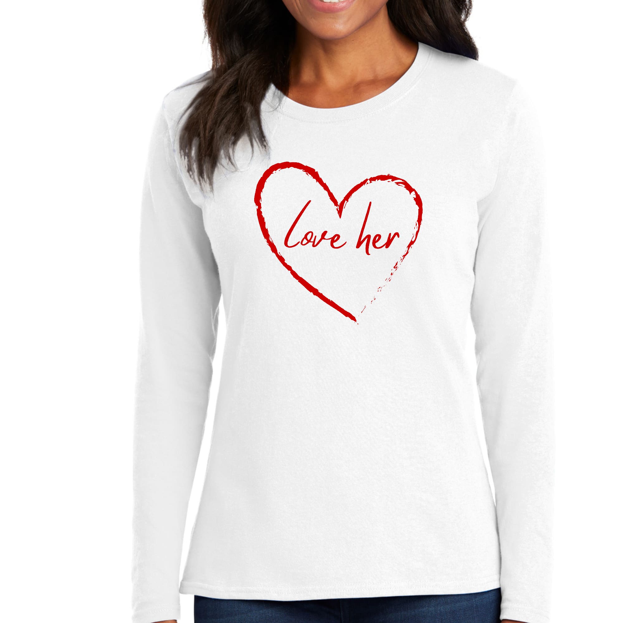 Women's long sleeve graphic t-shirt in red with 'Say it Soul Love Her' design, showcasing soft cotton fabric and double-stitched seams.