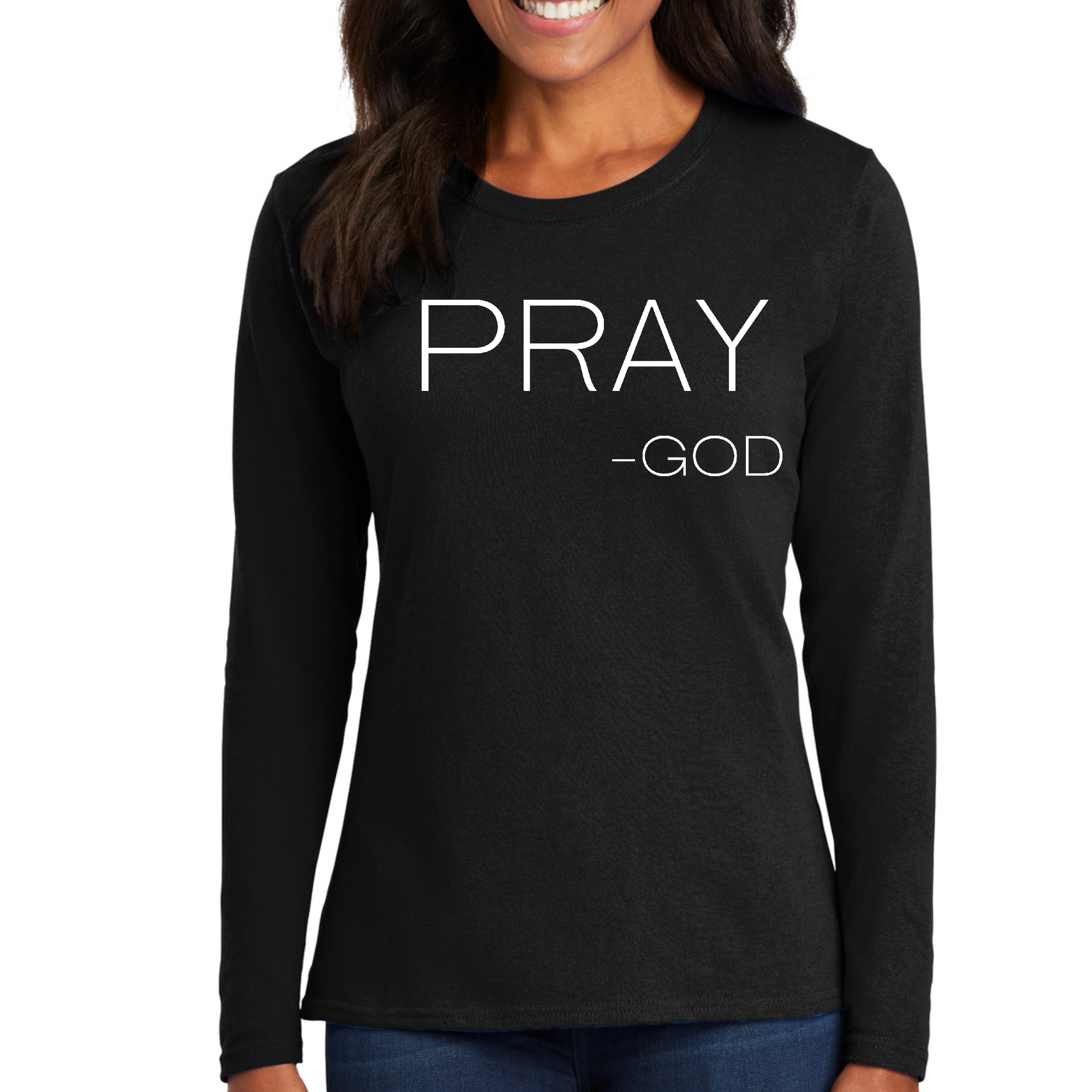 Women's Long Sleeve Graphic T-shirt featuring 'Pray-God' design in soft preshrunk cotton, perfect for casual and active wear.