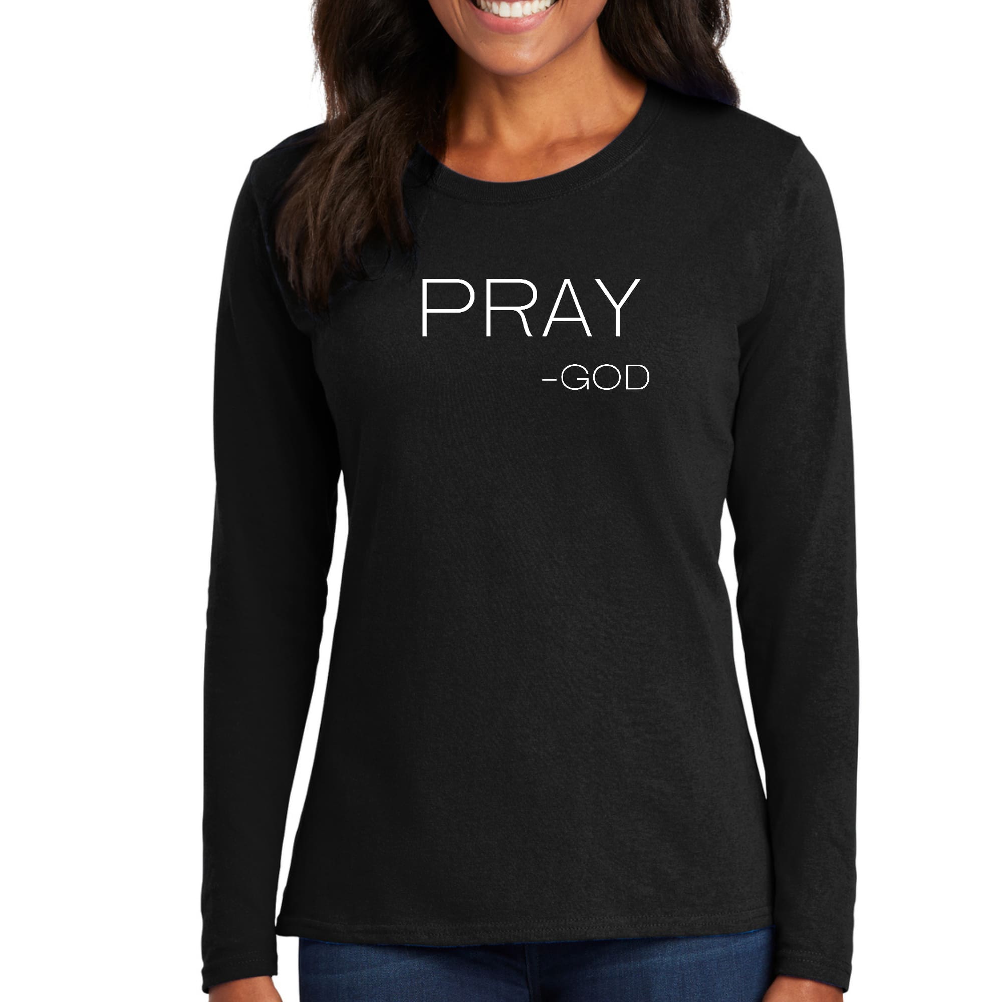 Women's Long Sleeve Graphic T-shirt featuring 'Pray-God' design in soft preshrunk cotton, perfect for casual and active wear.