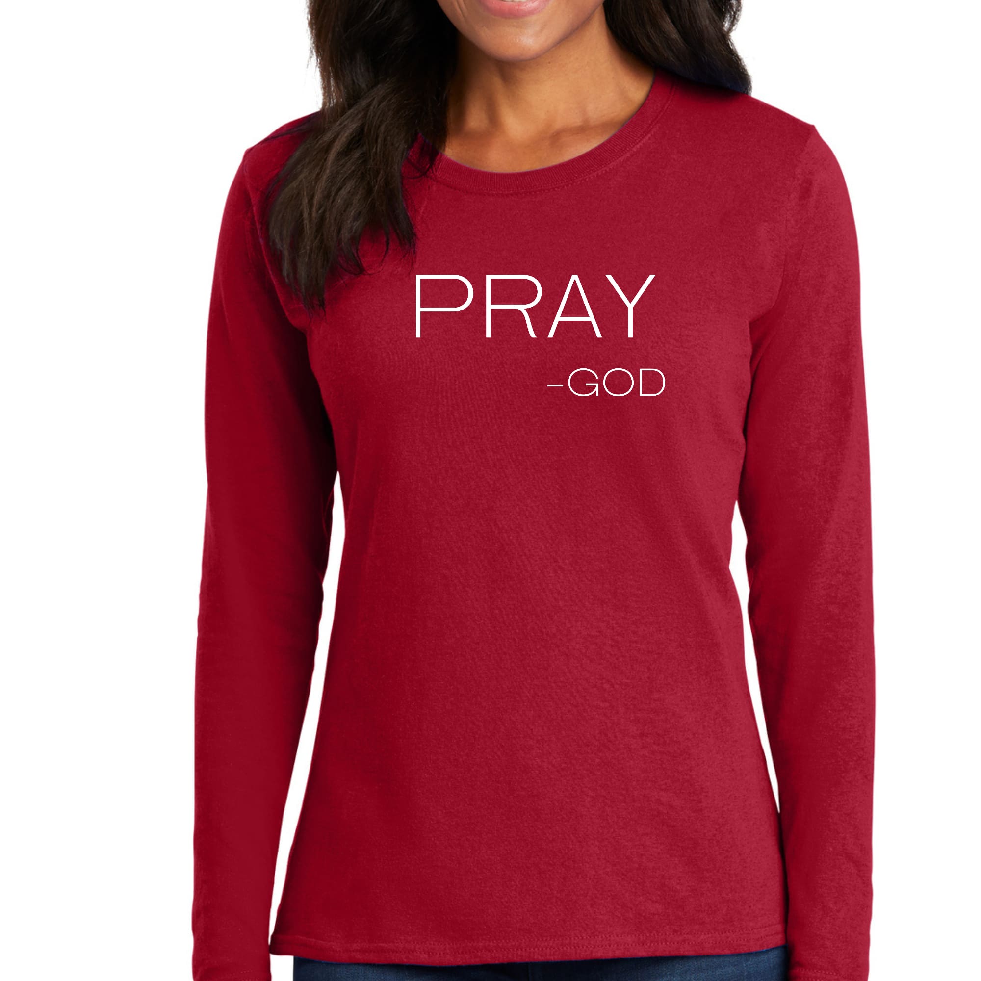 Women's Long Sleeve Graphic T-shirt featuring 'Pray-God' design in soft preshrunk cotton, perfect for casual and active wear.