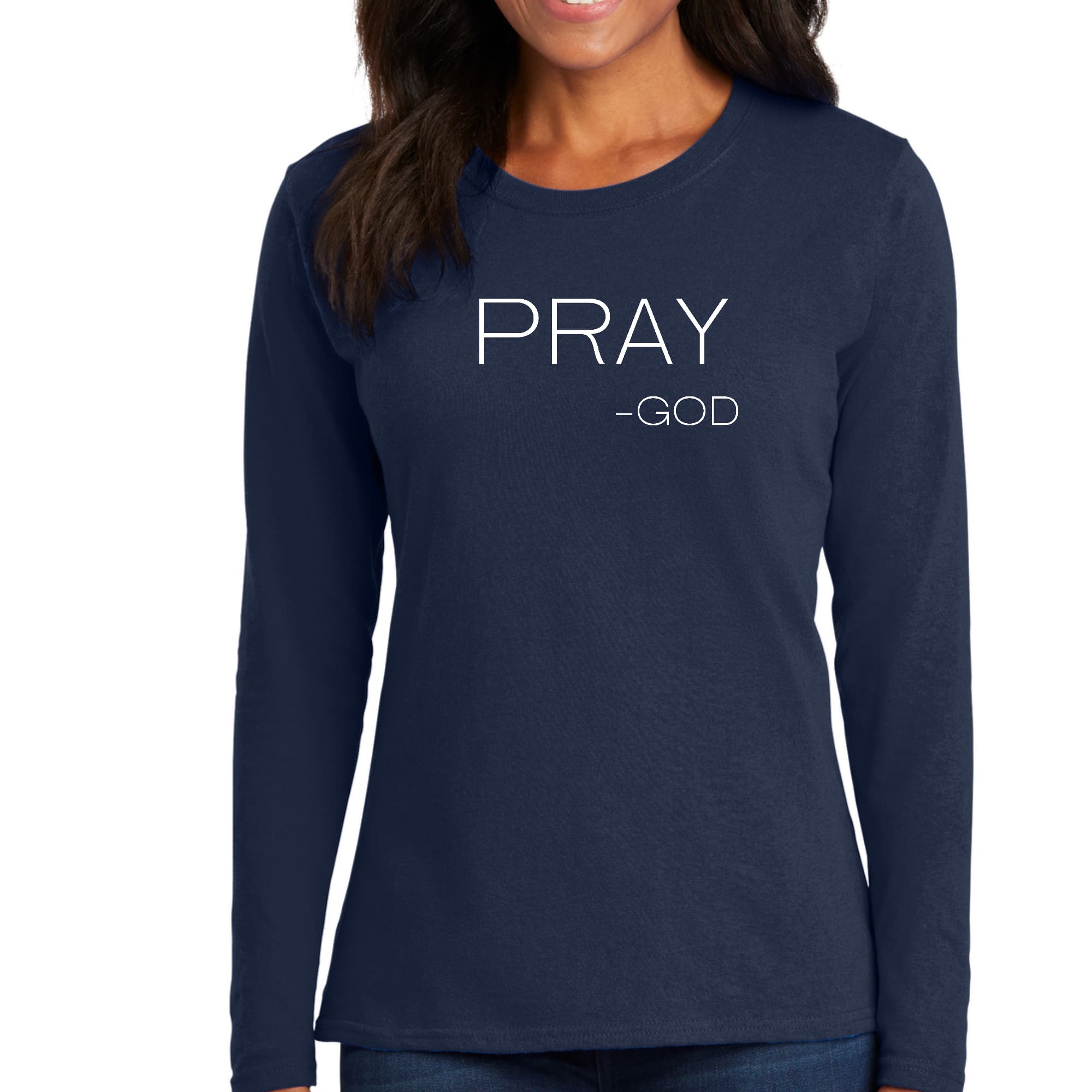 Women's Long Sleeve Graphic T-shirt featuring 'Pray-God' design in soft preshrunk cotton, perfect for casual and active wear.