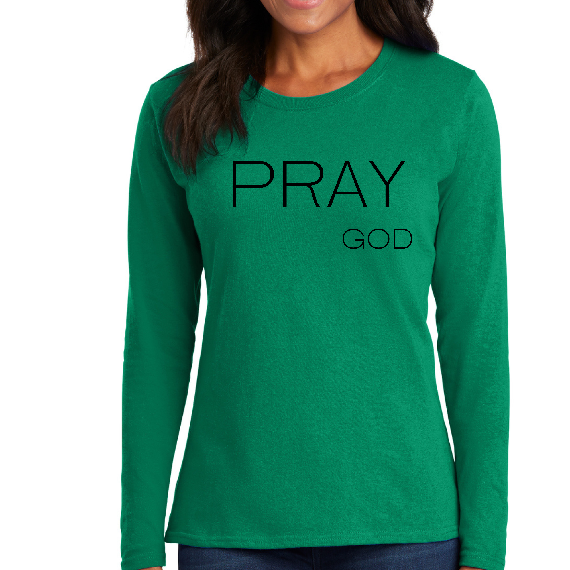 Womens Long Sleeve Graphic T-shirt featuring 'Pray-God' design, made from soft preshrunk cotton, ideal for casual and active wear.