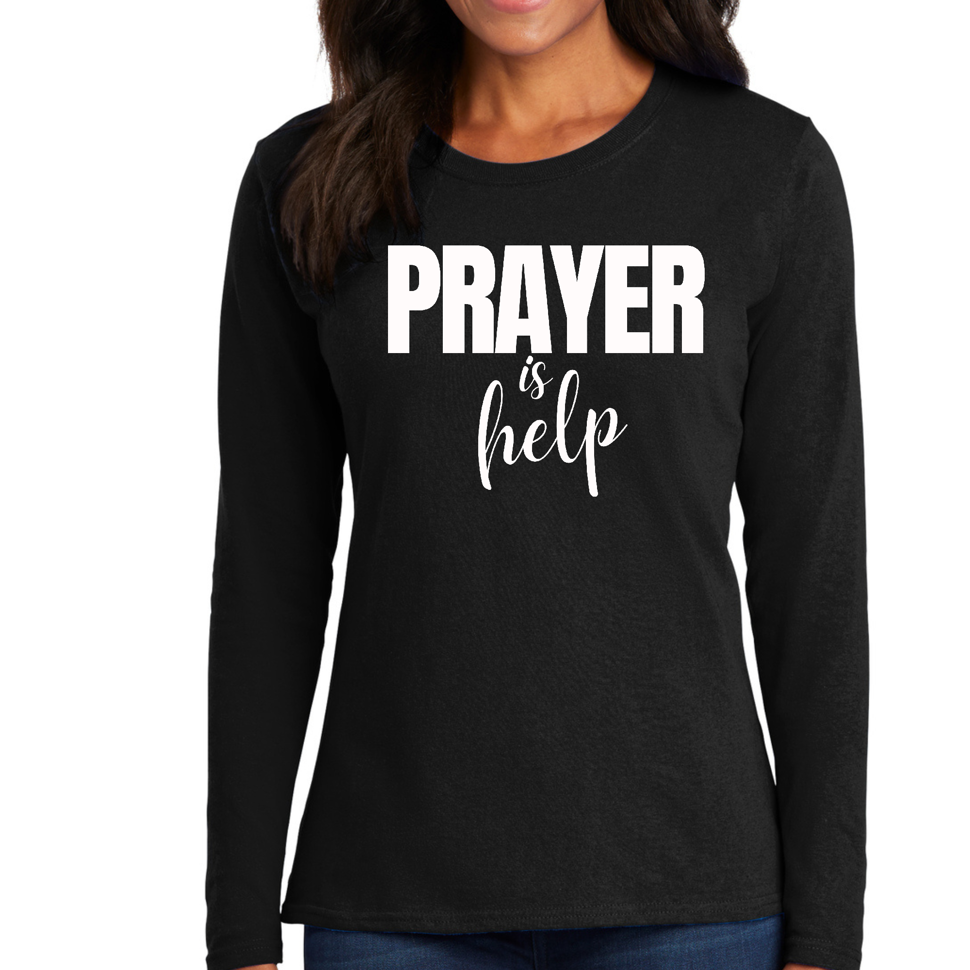 Women's Long Sleeve Graphic T-shirt featuring the quote 'Prayer is Help' in a stylish design, made from soft preshrunk cotton.